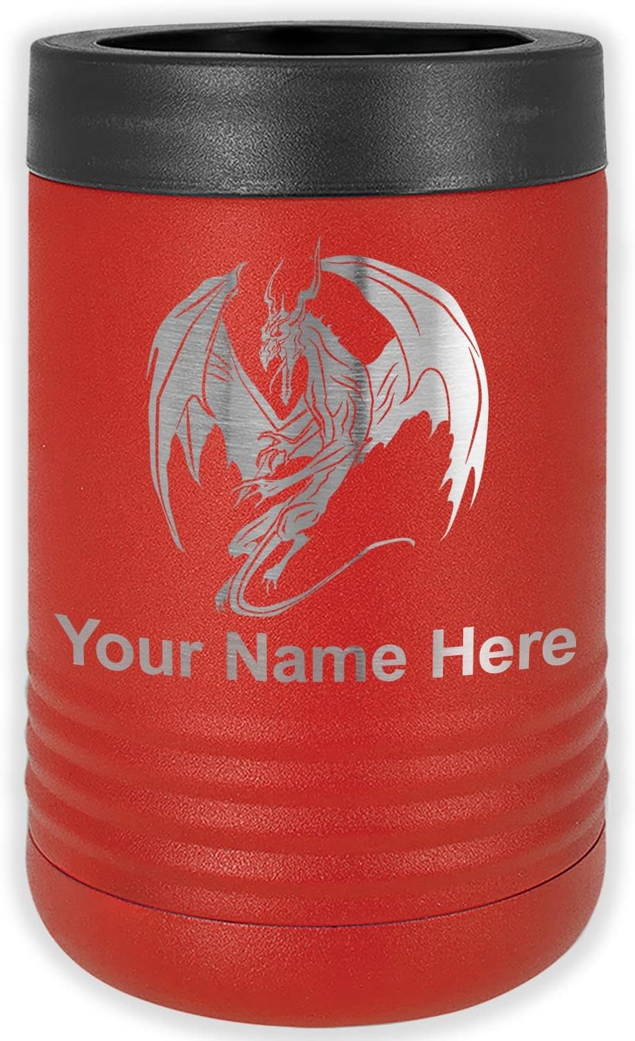 LaserGram Personalized 12 oz. Stainless Steel Can & Bottle Insulator, Dragon – Keeps Drinks Cold Longer (Red)