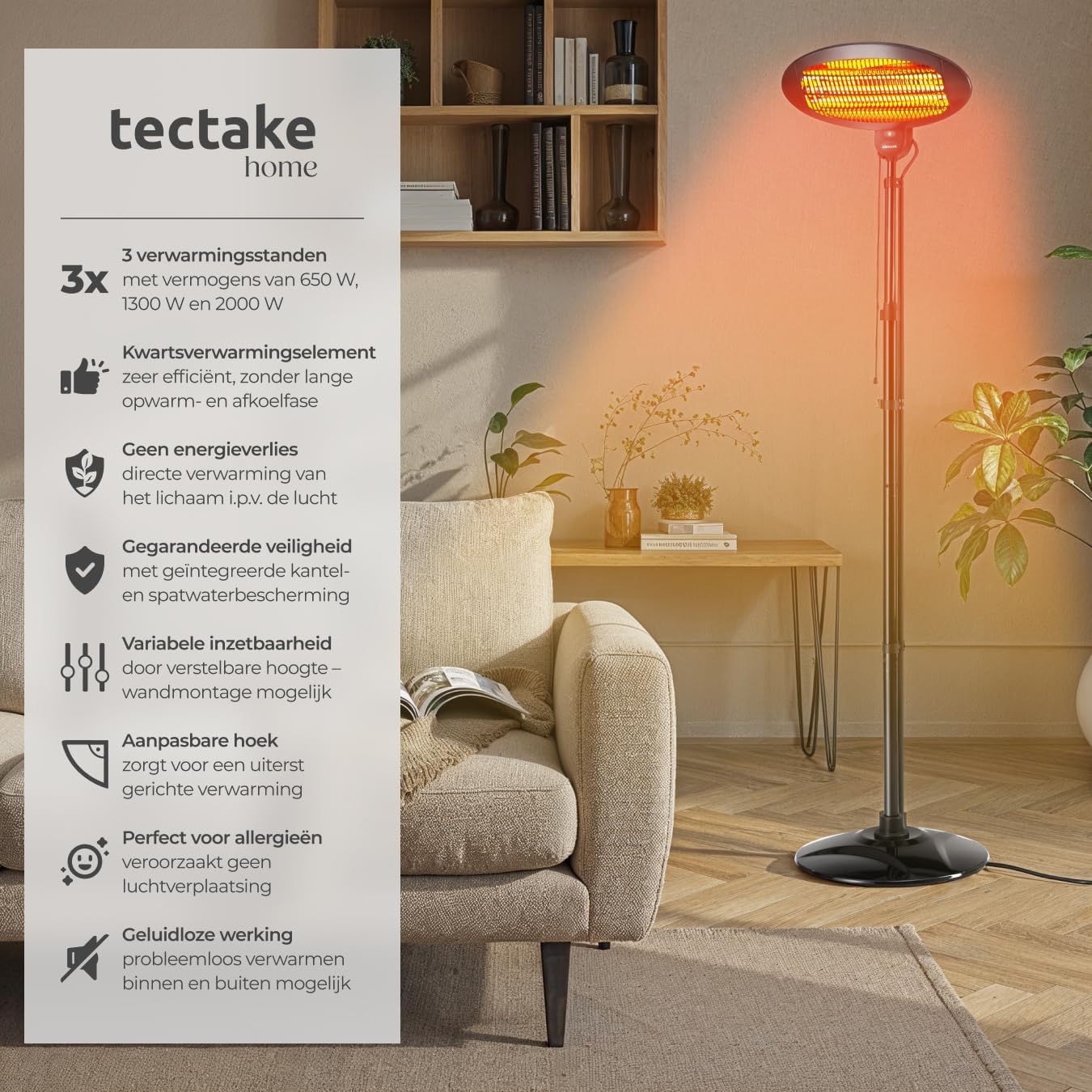 Image highlighting features of the tectake Infrared Heater including power levels and safety
