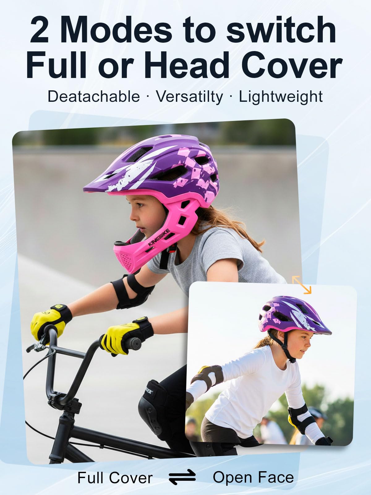 Casco de cara completa para niños y niñas, convertible, con protector de barbilla desmontable, para niños y niñas, de 4 a 10 años, monopatín, scooter, bicicleta de equilibrio, bicicleta BMX MTB