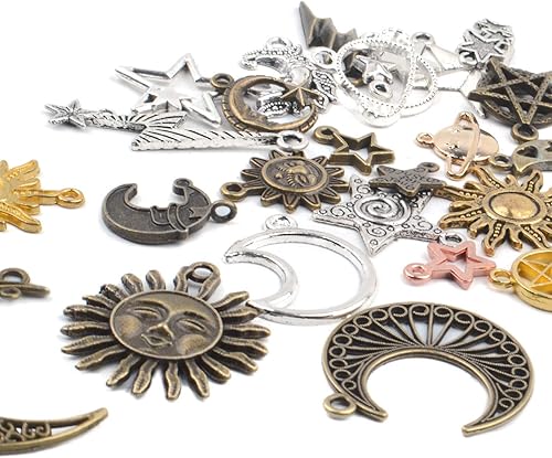 Miniatura 4 de Encantos celestiales, 3.53oz (alrededor de 80-90 piezas) mezclados Sun Moon Star Charms colgantes de aleación antigua para la fabricación de joyas y