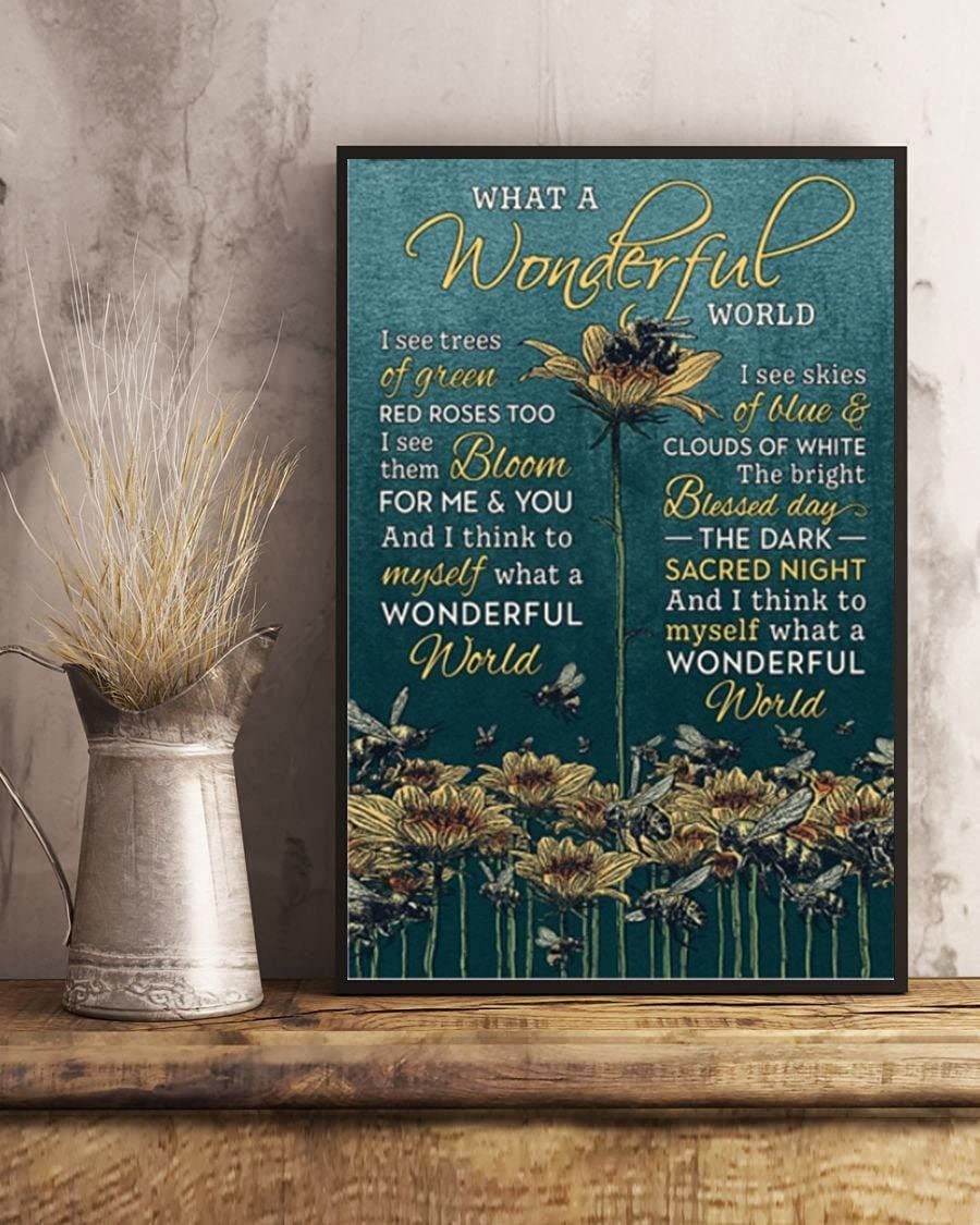 Zltegako Targa rustica in metallo vintage a forma di ape, arte da parete con citazioni motivazionali What a Wonderful World, decorazione da parete con api floreali in stile retrò, per soggiorno