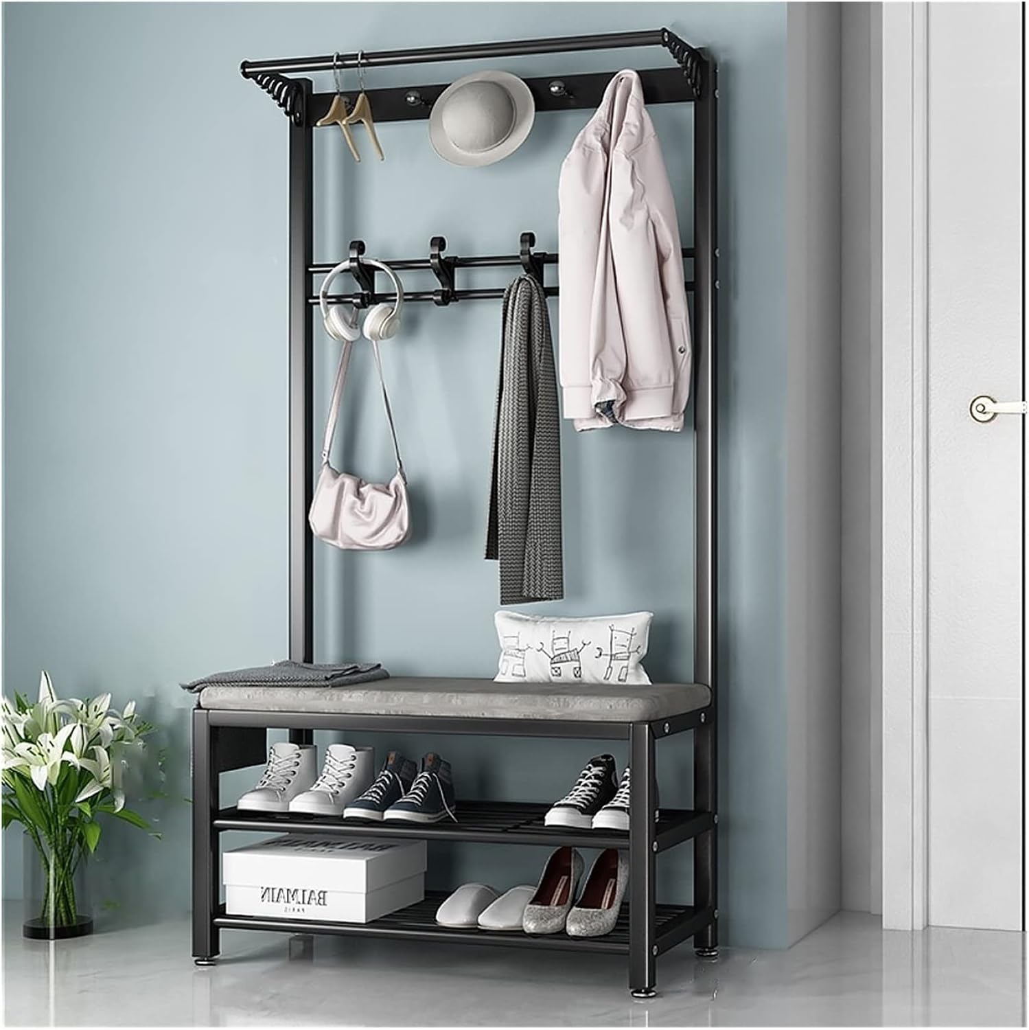 Industrial Hall Tree Entryway Bench with 8 Hooks and Storage - Metal Frame Coat Rack Shoe Rack Organizer - Easy Assembly for Living Room, Bedroom, Hallway