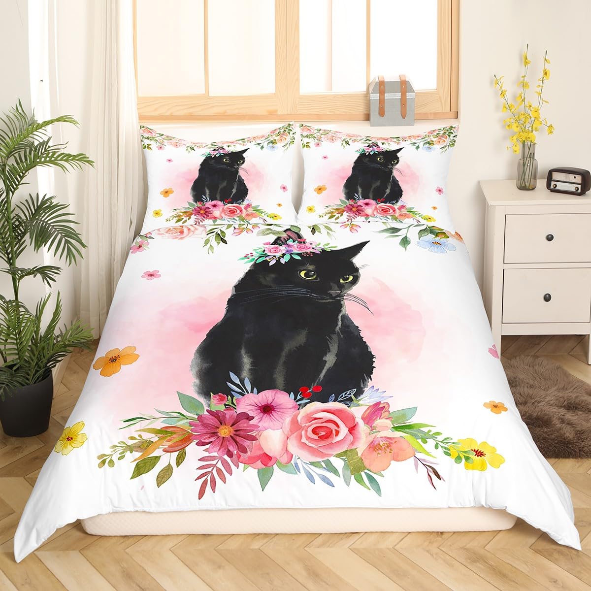Bettbezug mit schwarzer Katze, 220 x 240 cm, Bettwäsche-Set Kätzchen, für Jungen, Kinder, Mädchen, Bettwäsche, Tiere, Rosa, Aquarellfarben, Blumen, Boho, rustikale Boho-Dekoration
