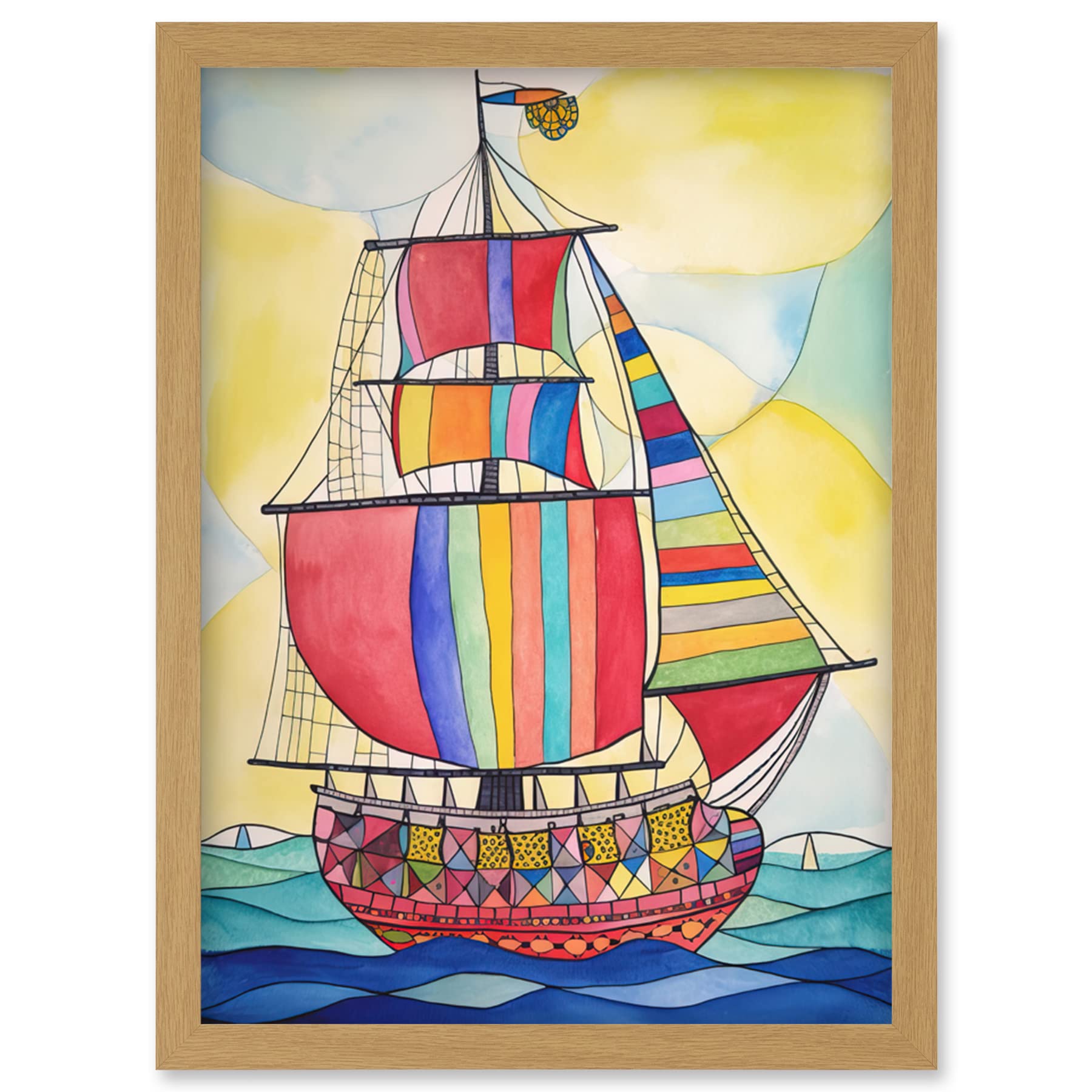 Rainbow Colour Sailing Ship Folk Art Print - Framed Wall Art - A4 Size - Artery8