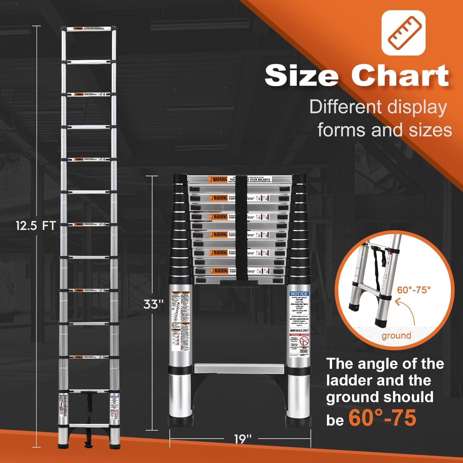 Telescoping Ladder, SocTone 12.5 FT Aluminum Lightweight Extension Ladder with 2 Triangle Stabilizers, Heavy Duty 330lbs Max Capacity, Multi-Purpose Collapsible Ladder for RV or Outdoor Work - Image 3