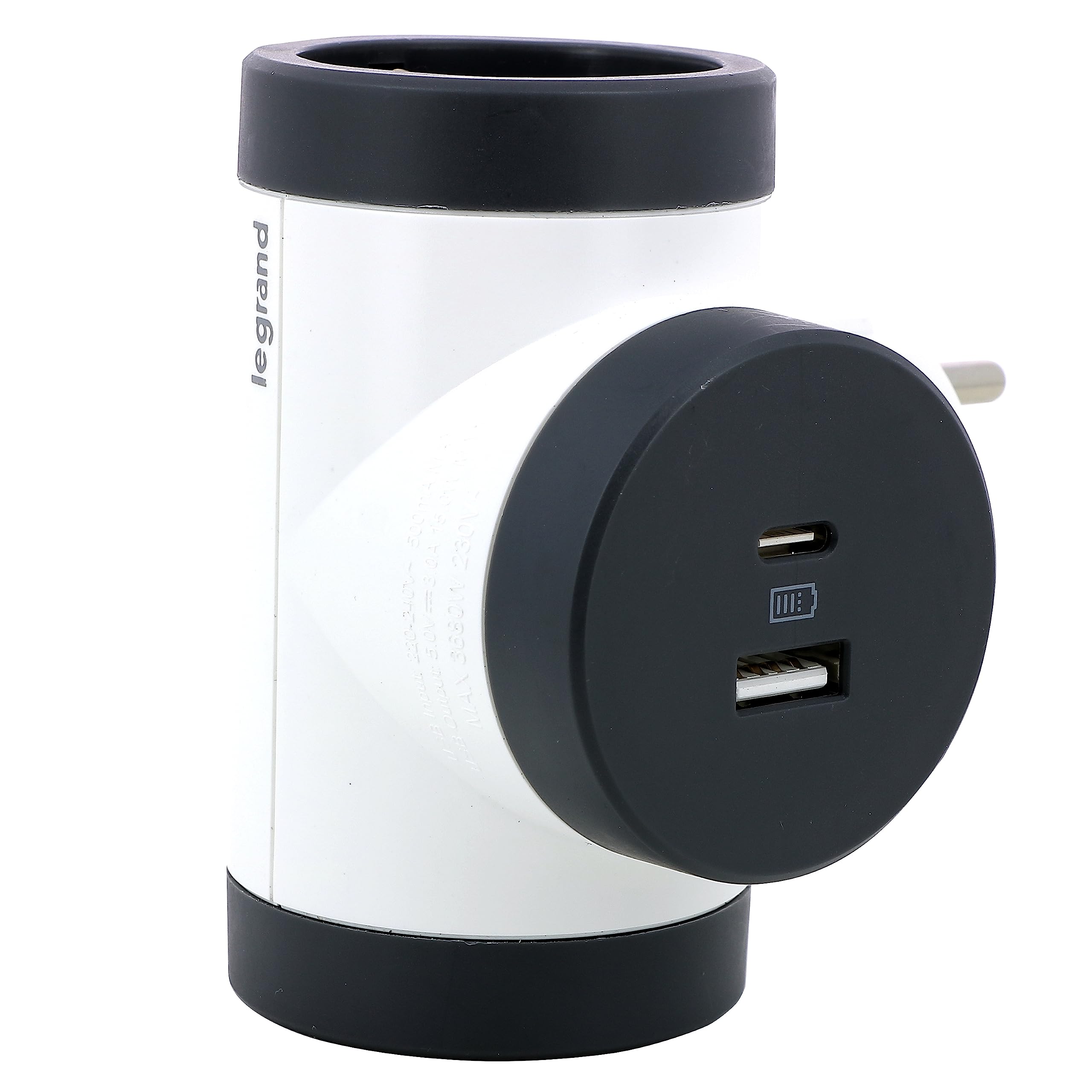 Bticino Legrand LG-694522Multi Adattatore Presa Tripla, 2 Prese Schuko Standard Tedesco, 2 Prese USB A+C, Spina Grande 16A Rotante 180°, Presa multipla su 3 Lati, Bianco e Grigio