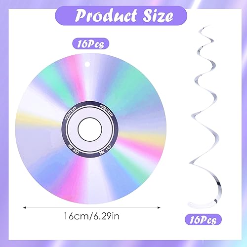 Miniatura 2 de 32 decoraciones de fiesta de los años 90, decoración de pared con diseño de espirales para colgar en CD y disco para fiestas musicales, Y2k, años