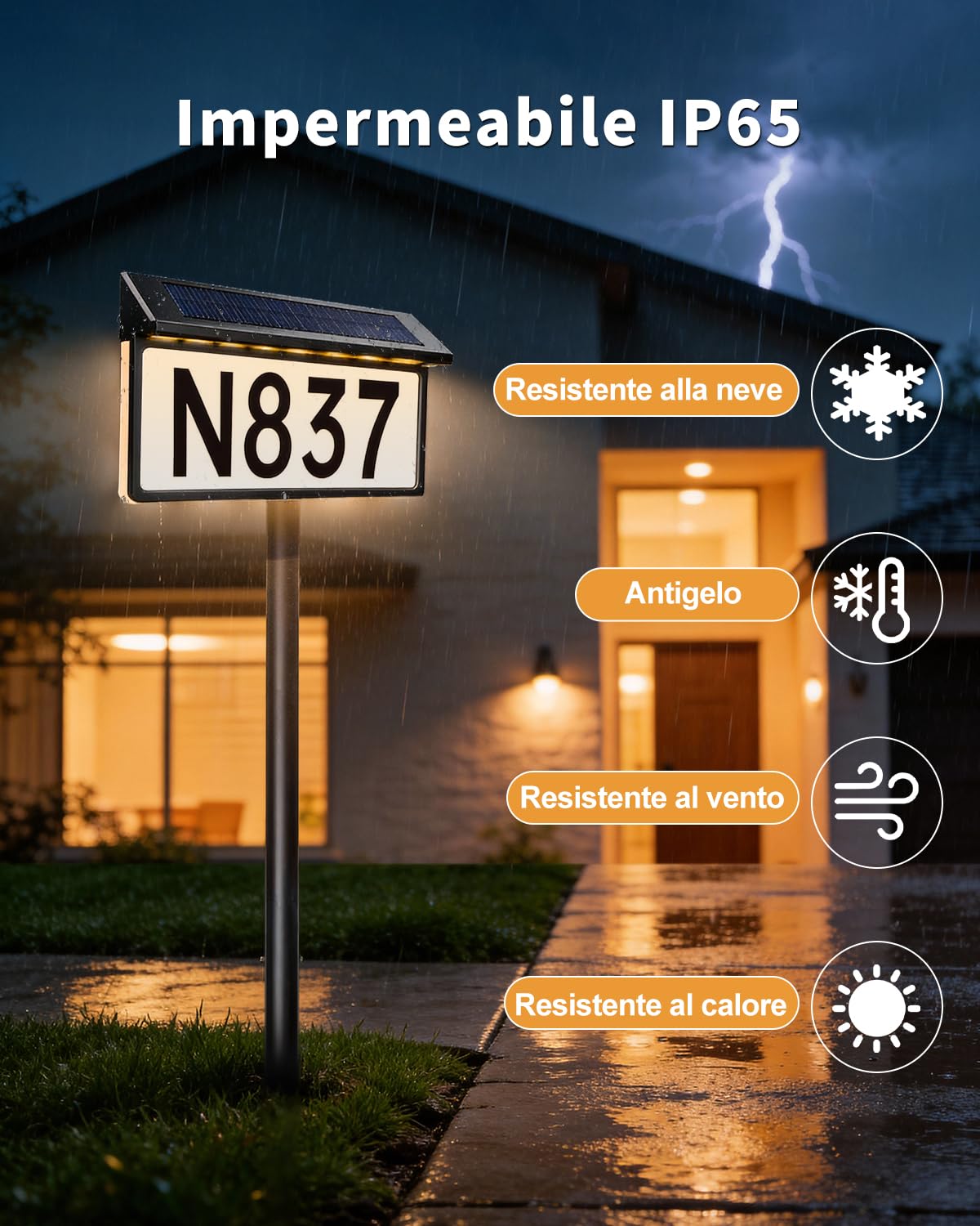 Lampada Solare per Numero Civico, 56 LED, IP65 3000K/4500K/6000K | batteria 2000mAh, montaggio a piolo o parete, include 26 lettere e 30 numeri, ideale per ingresso e giardino
