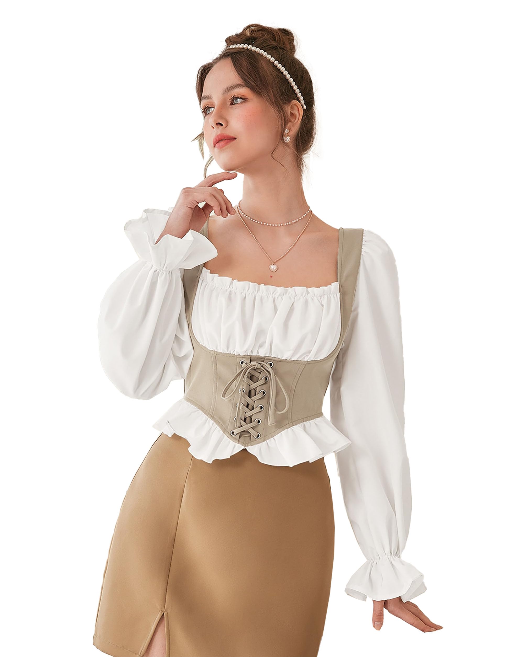 icw Women French Style Retro Vintage Lace-Up Layered Fake Two-Piece Puff Sleeve Ruffled Crop Blouse Corset Top Dn88-picture-10