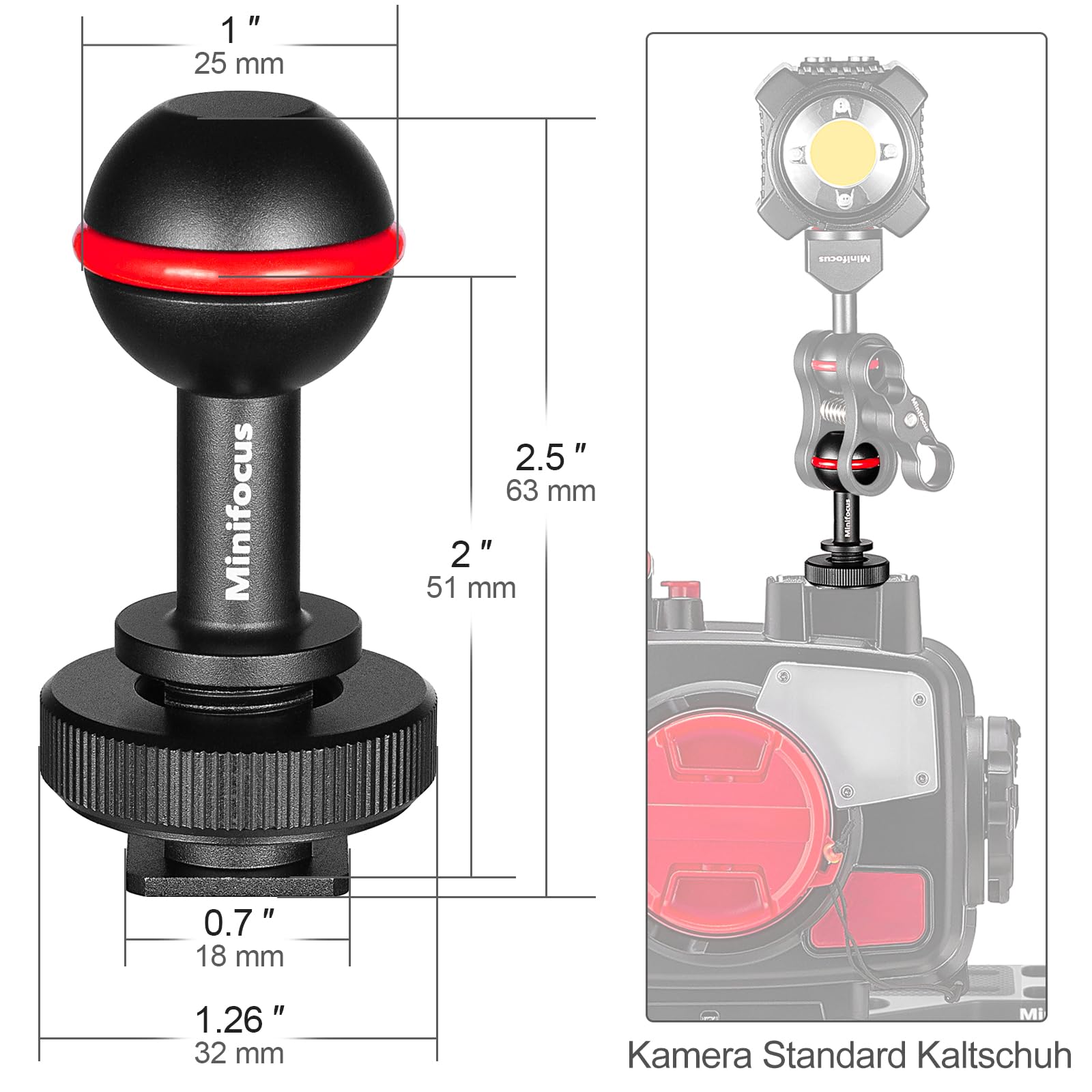 MINIFOCUS 1" Kugelkopf Cold Shoe Base Adapter, Universal Kugelgelenkhalterung mit Cold Shoe Base Adapter für Tauchlampen Unterwasserkamera Wasserdichtes Gehäuse Video/Blitz/Strobe Blitzschuhe