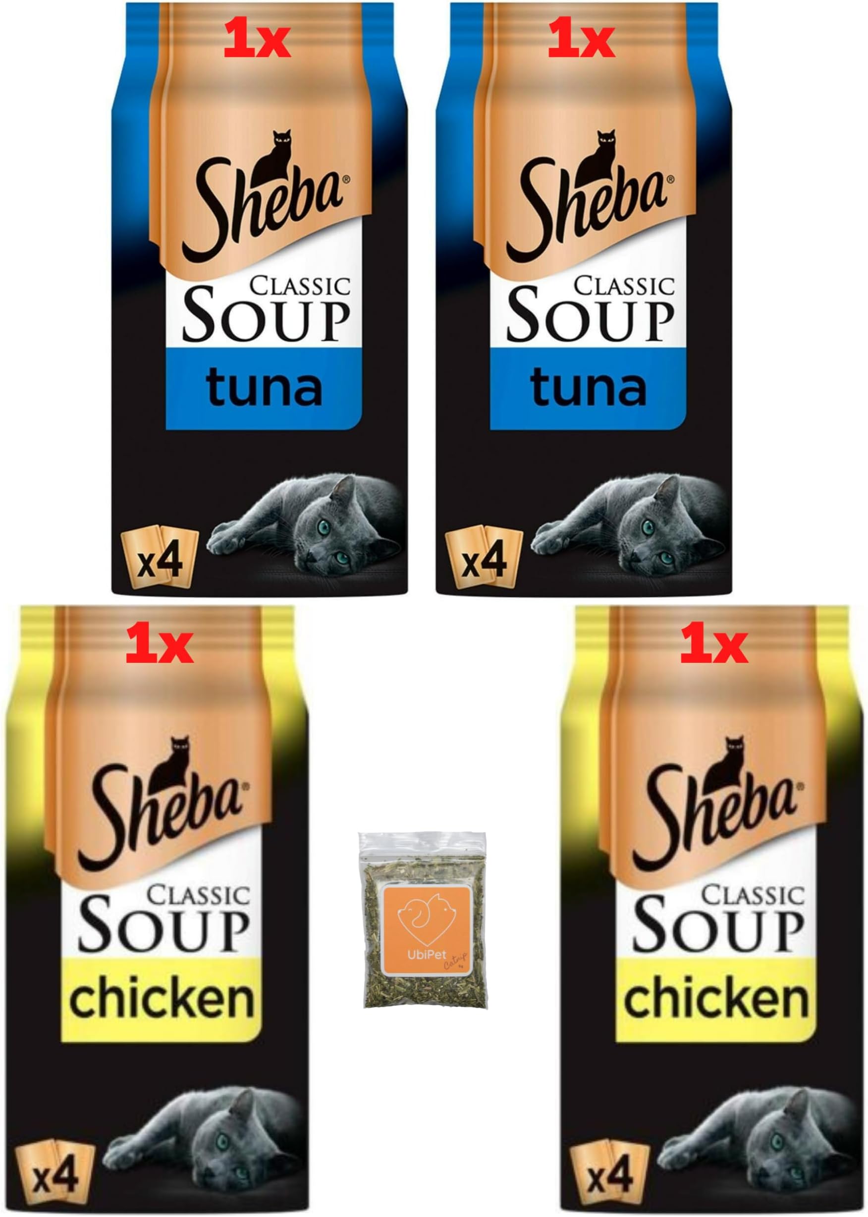 Classic Sheba Soup Bundle Includes 2x Tuna Fillets and 2x Chicken Fillets (Total 16x40g pouches) with Catnip(1x5g)