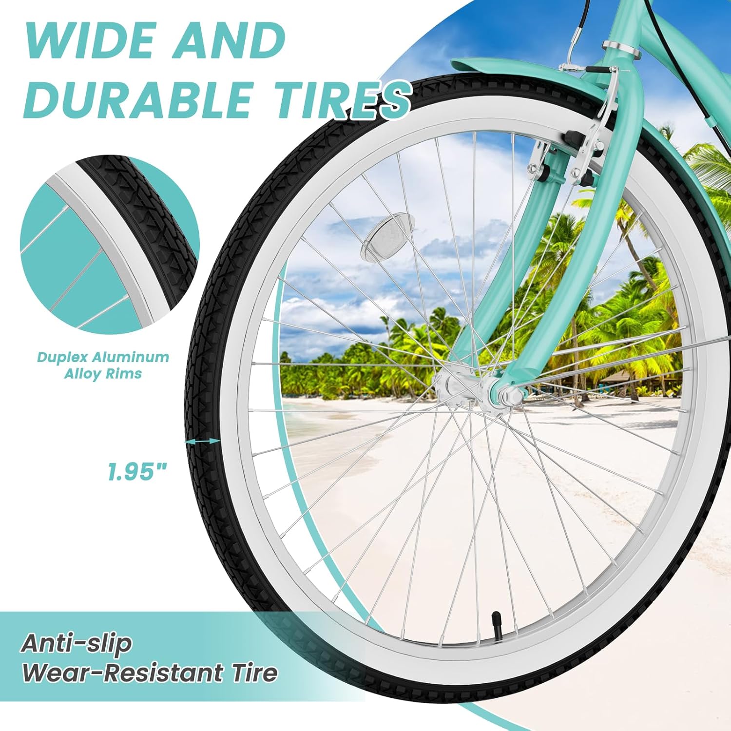 DoCred 24/26 Inch Beach Cruiser Bike, 7 Speed Adult City Bike, Lightweight Adults Bikes for Men & Women, Carbon Steel Frame Commuter Bicycle Cruiser Bicycle, Multiple Colors