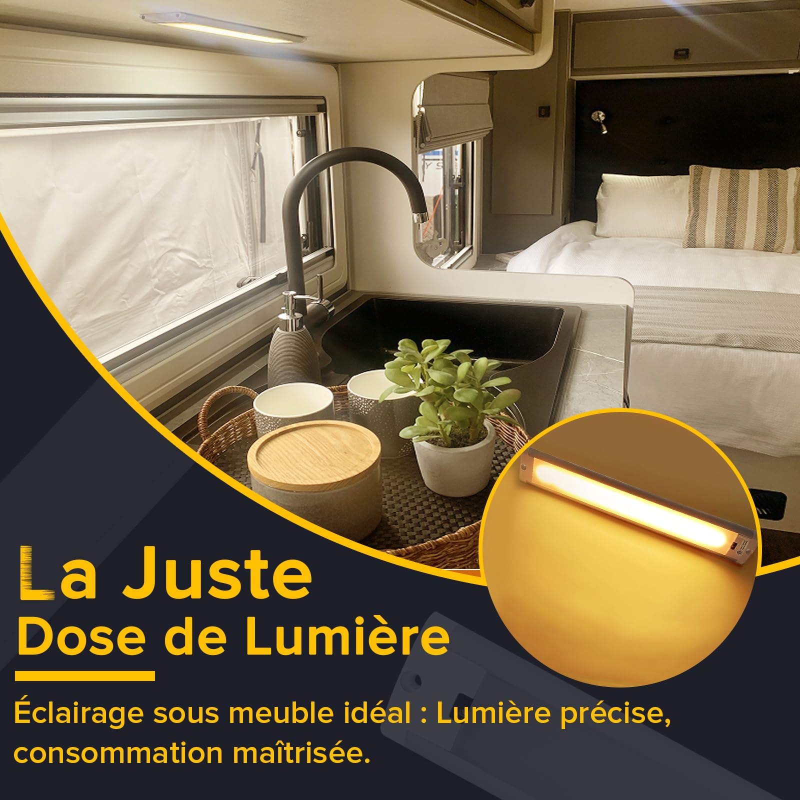 Dream Lighting Réglette LED 12v pour Camping Car Caravane Camper sous Armoire, Lumière Chaude 3000K Dimmable avec Détecteur, Lampe LED Blanc 32CM IP44 Boîtier en Aluminium