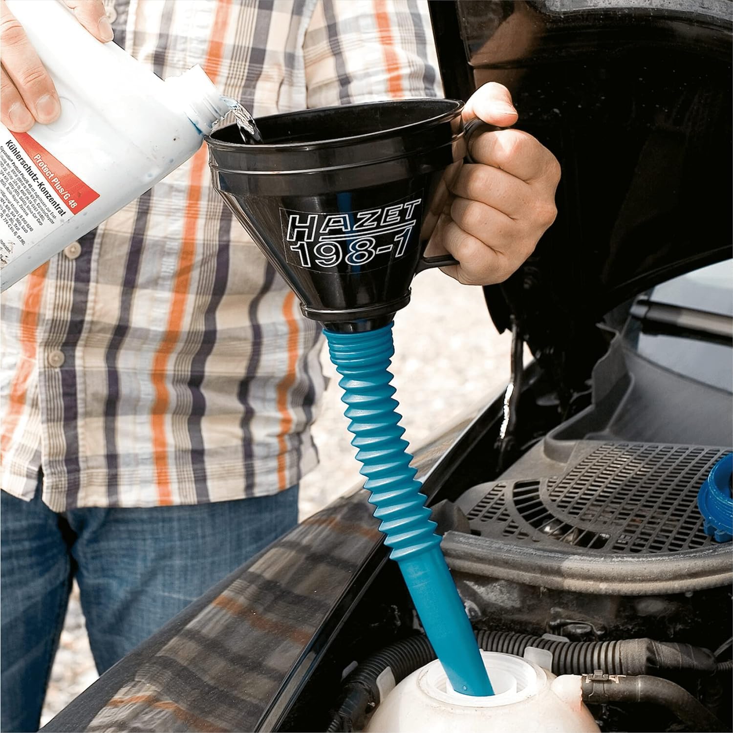 Embudo HAZET 198-1 I Embudo de llenado con manguera flexible I Capacidad de 1,2 litros I Llenado sin esfuerzo de coches con Ad-Blue, gasóleo y gasolina, aceite y mucho más