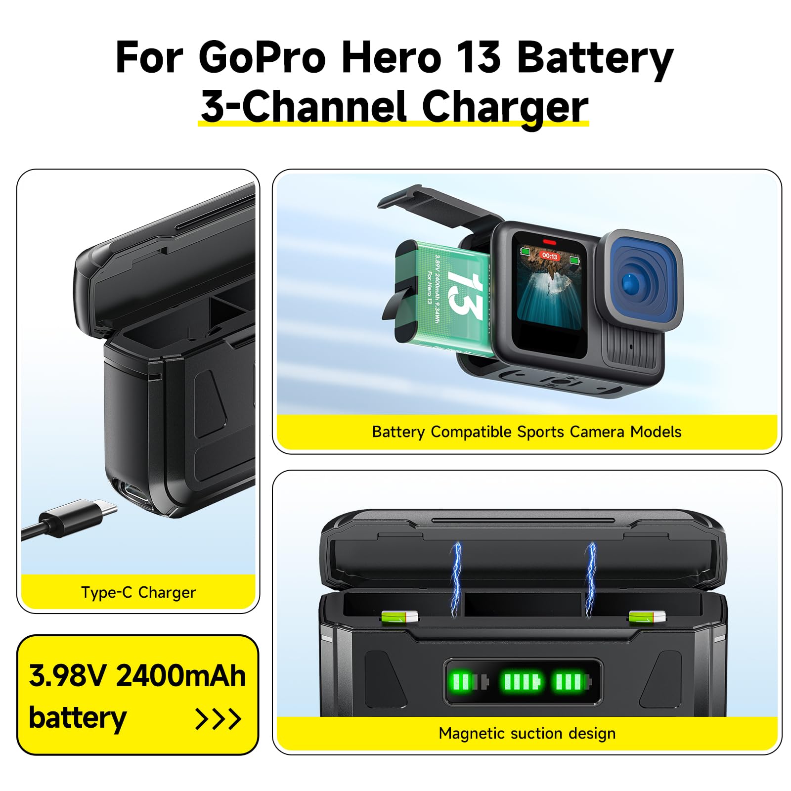 CITYORK 3-Slot Chargeur et 3 Batteries de Rechange 2400 mAh compatibles avec la GoPro Hero 13, kit de Chargeur et Accessoires pour GoPro Hero 13 avec écran LCD et câble USB