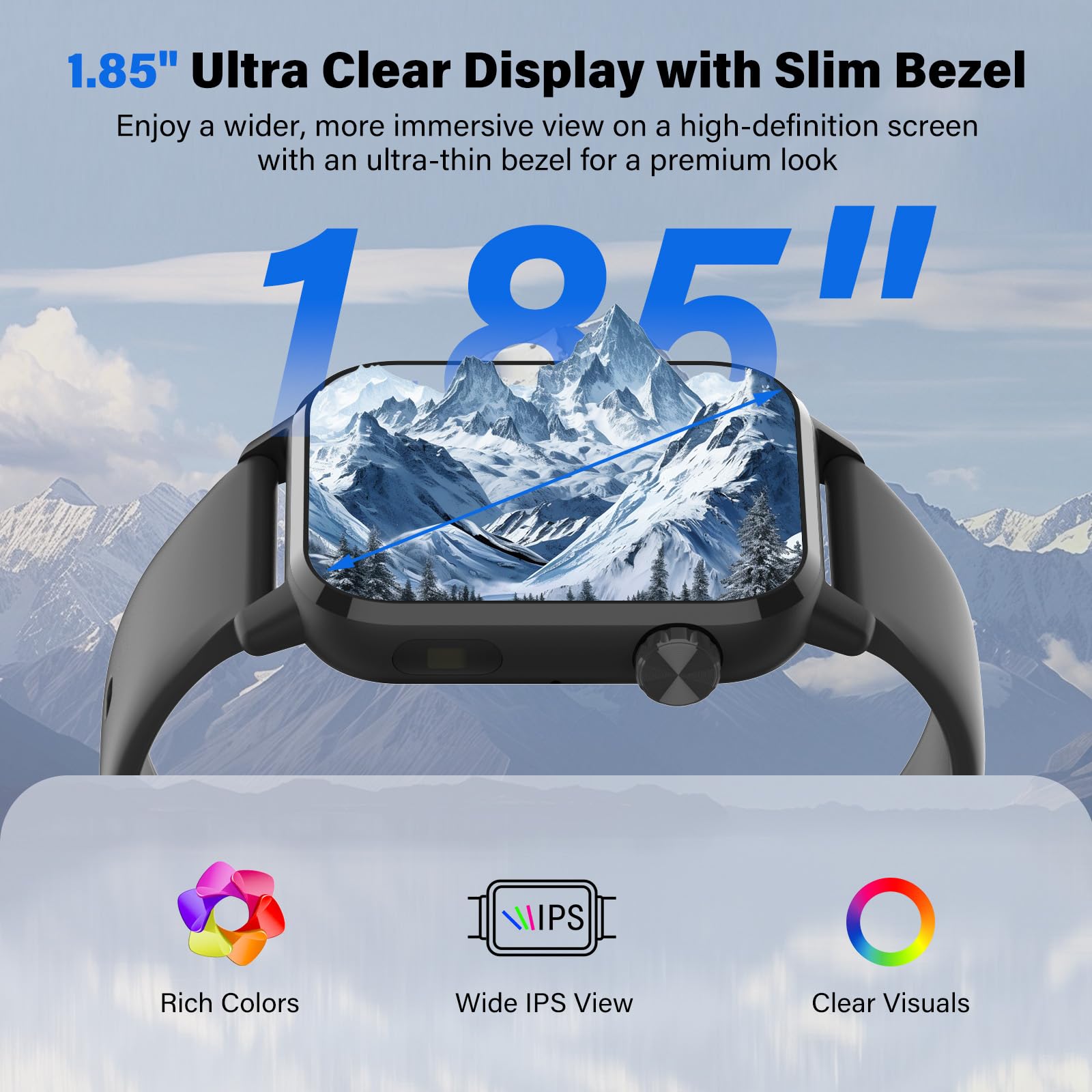 Smart Watch, 1.85" HD Display, 3D Dynamic Dial, 60Hz High Refresh, Bluetooth Calling, LED Flashlight, 100+ Sports Modes (Black)