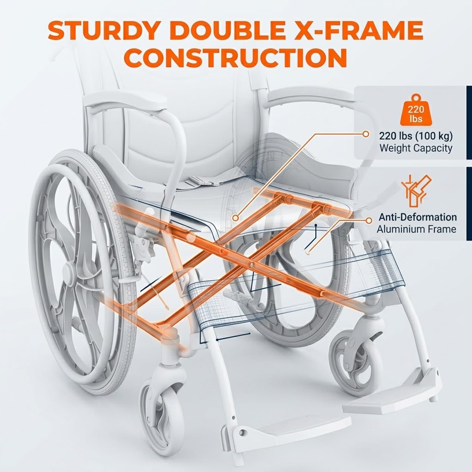 Silla de Ruedas Plegable Ligera de Aluminio con Ruedas Traseras 22" | 11.5kg Ligera, Doble Freno, Asiento Mesh Transpirable, Reposabrazos Ergonómicos, Neumáticos Antipinchazos, Sin Montaje