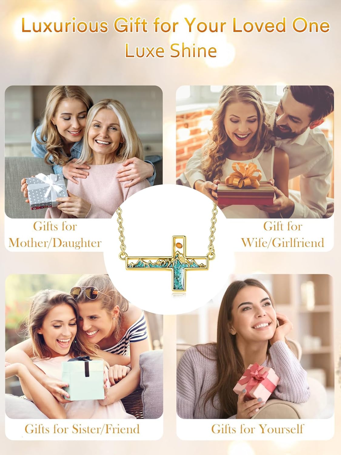 14K Gold Mustard Seed Sideways Cross Necklace for Women Turquoise Mountain Sun Pendant Christian Faith Jewelry First Communion Baptism Confirmation Gifts for Hikers, Climbers and Nature Lovers