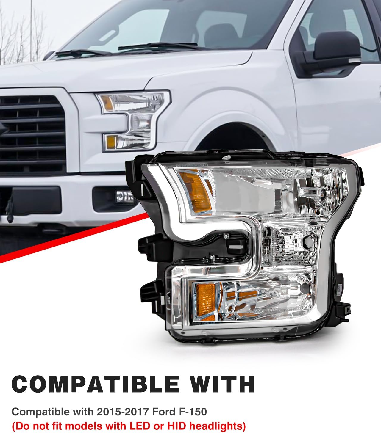 for Ford F150 2015 2016 2017 Headlight Assembly Halogen Lamp Chrome Housing Amber Reflector Driver Side and Passenger Side (Does not fit Models Equipped with LED or HID Headlights)（W/O Bulbs）