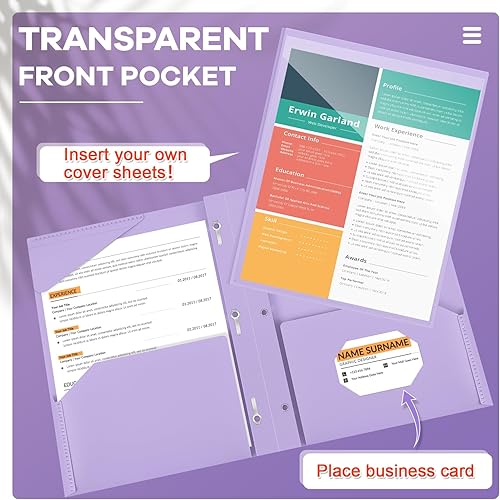 Miniatura 10 de Henoyso 48 carpetas de plástico resistente con bolsillo frontal transparente y 3 puntas, carpetas de plástico con ranura para tarjetas con puntas,