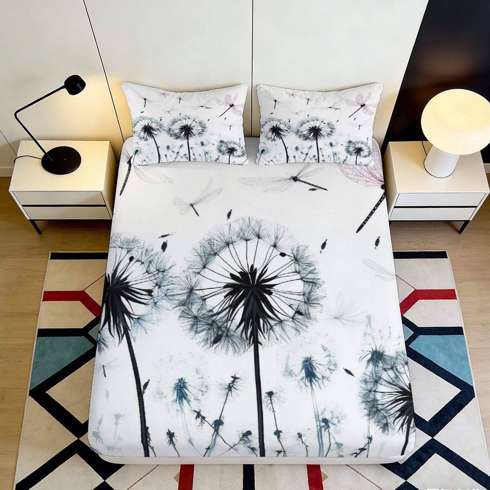 3D Printed Dandelion Meadow Fitted Sheet Microfiber Soft Breathable Dragonfly Bed Cover for Bedroom Guest Room Decor 90x200x25cm