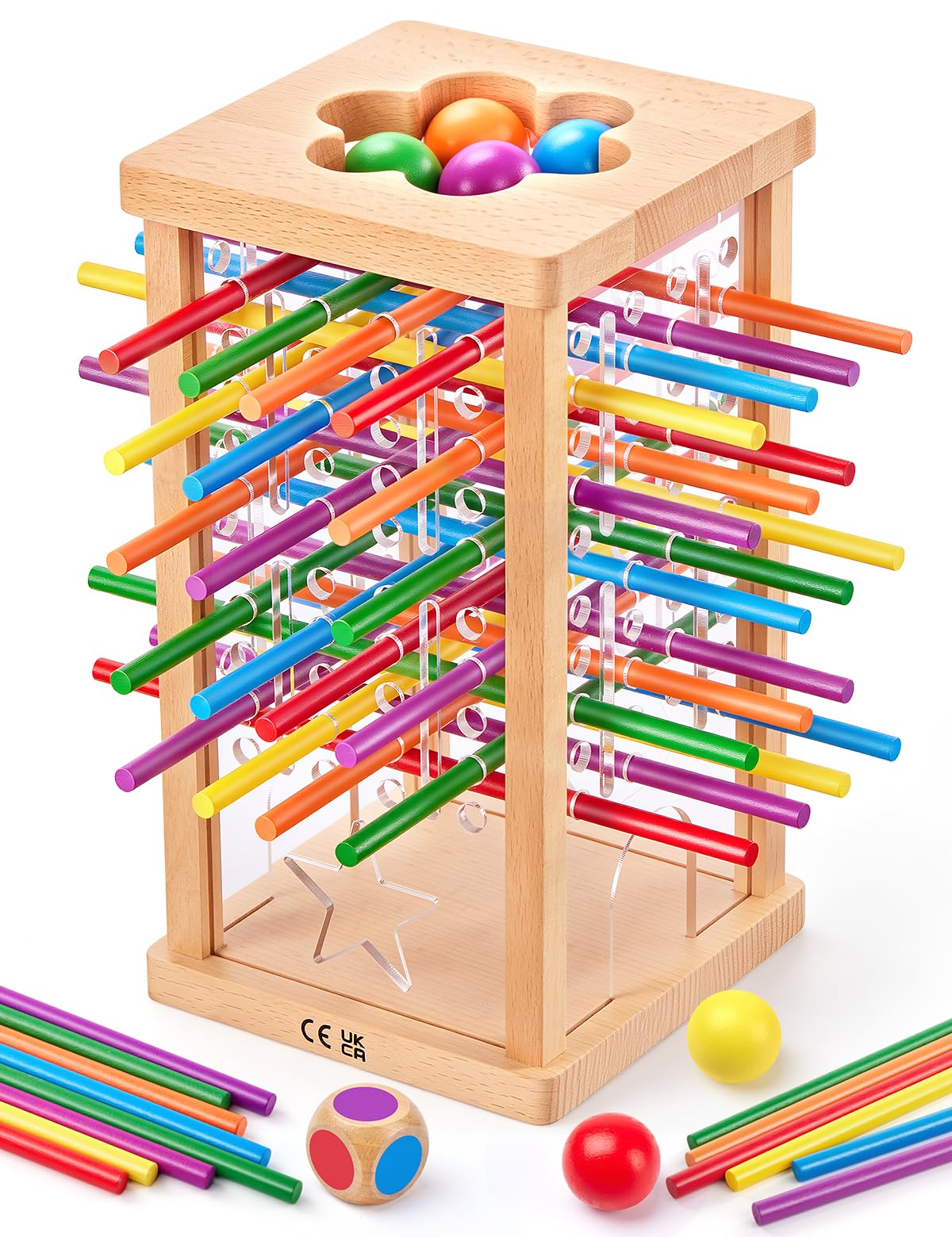 Wooden Montessori Board Game, 42 Colorful Sticks with Dice & Ball Drop, Fine Motor Skills & Counting Toy, Math Learning Educational Toys for 3 4 5 6 Years Old, Family Travel Game Gift for Boys Girls