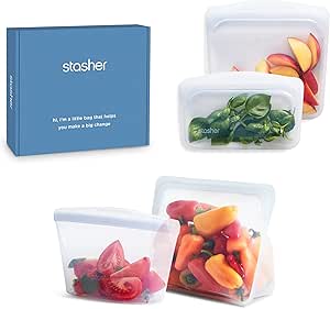 Stasher Premium Silicone Reusable Food Storage Bags 4-Pack Boxed Starter Kit, Clear, Microwave, Sous Vide, Dishwasher, Oven & Freezer Safe, Multi-Use Containers, BPA Free, Leak-free, Eco-friendly