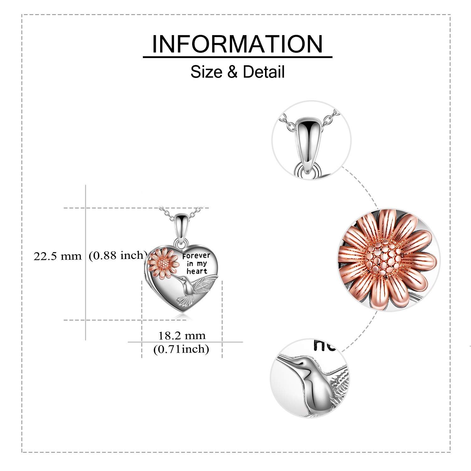 JERWLI Medaglione a forma di cuore in argento 925 girasole colibrì foto medaglione collana gioielli regalo per donne ragazze, Argento sterling