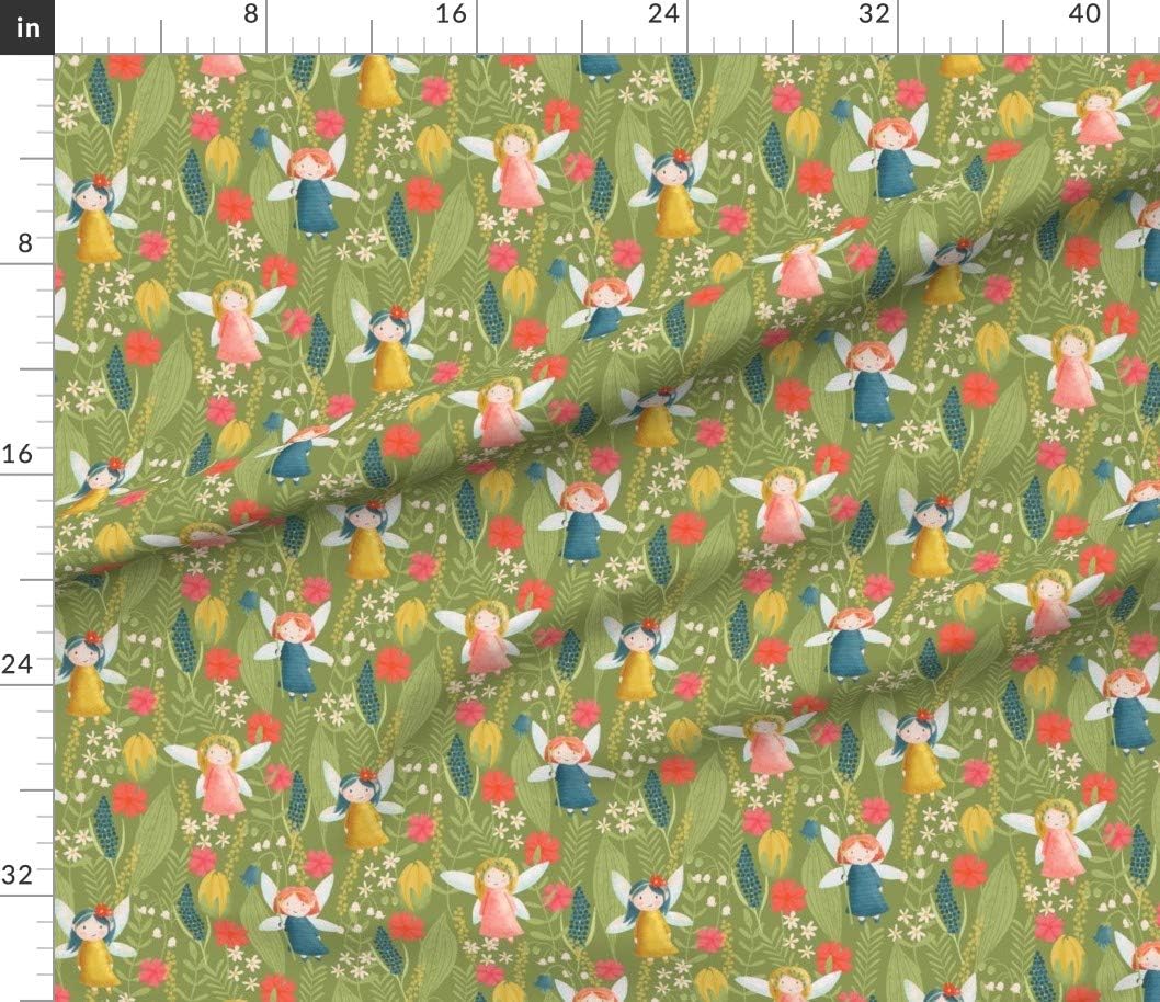 Spoonflower Fabric - Spring Fairies Green Blue Flowers Leaves Red Nature Plants Printed on Petal Signature Cotton Fabric by The Yard - Sewing Quilting Apparel Crafts Decor