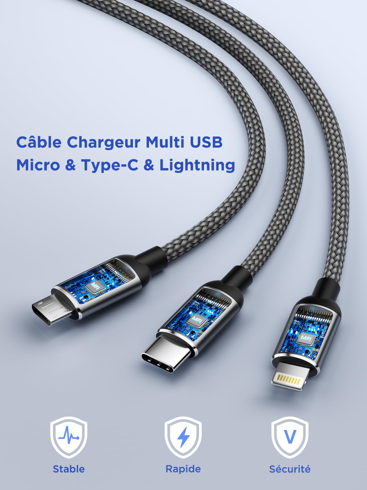 Câble Multi USB 3 en 1 Universel Rapide 1.2M Nylon Tressé Micro USB Type C Lightning pour iPhone Samsung Huawei