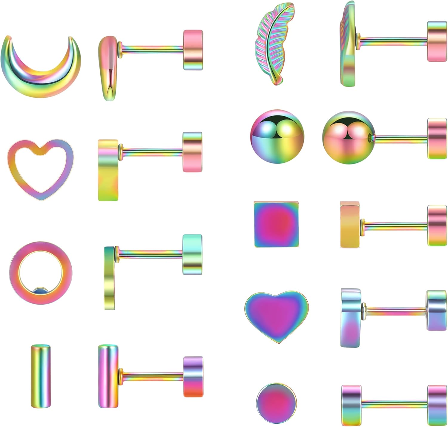 Surgical Stainless Steel Stud Earrings for Women Hypoallergenic White Gold Plated Screw Flat Back Earring Set For Men Trendy Multiple Styles Earrings(9 Pairs) 