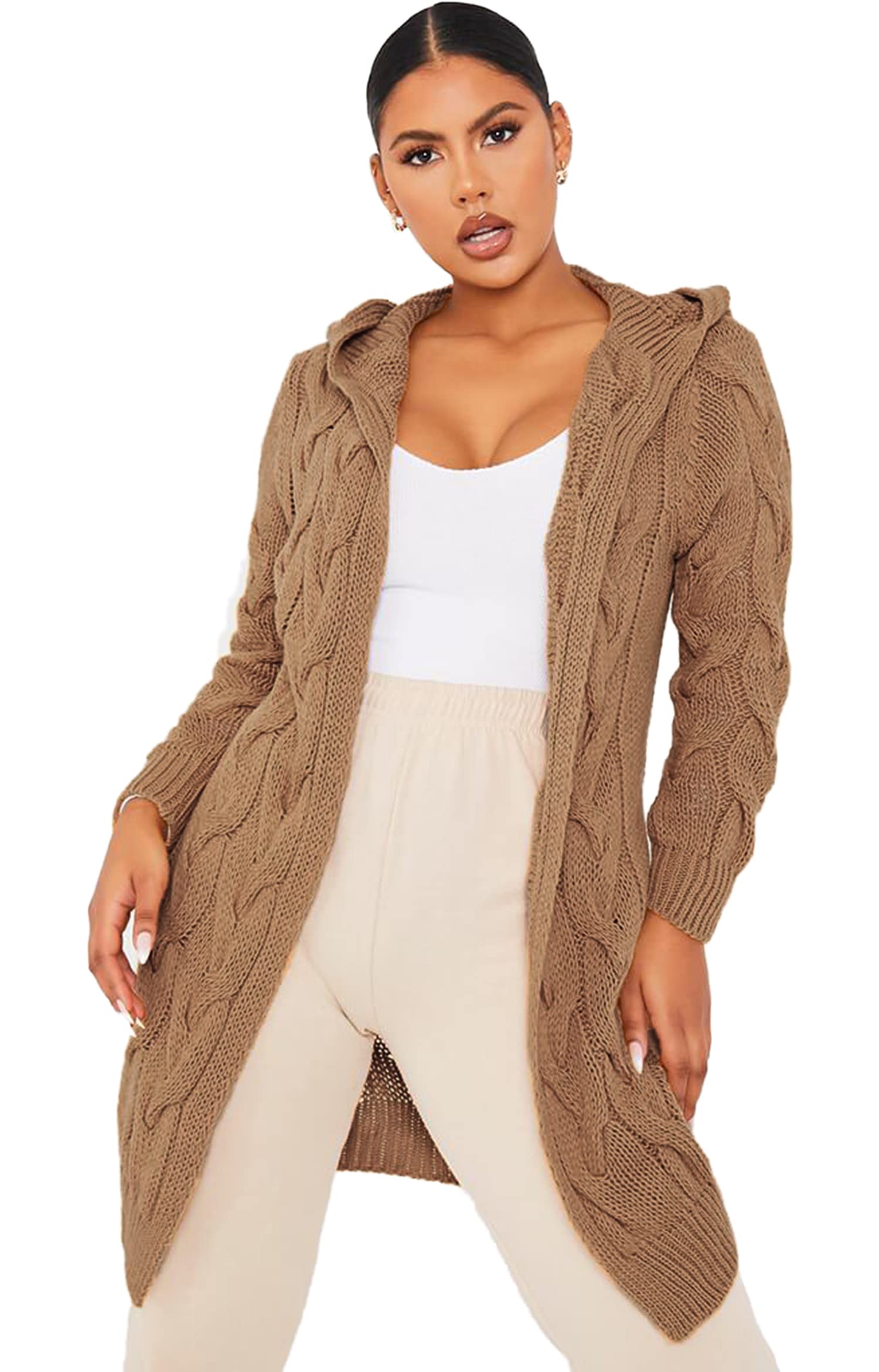 Crazy Girls Womens Chunky Knit Long Cardigan, Mocha, SM (UK 8-10)