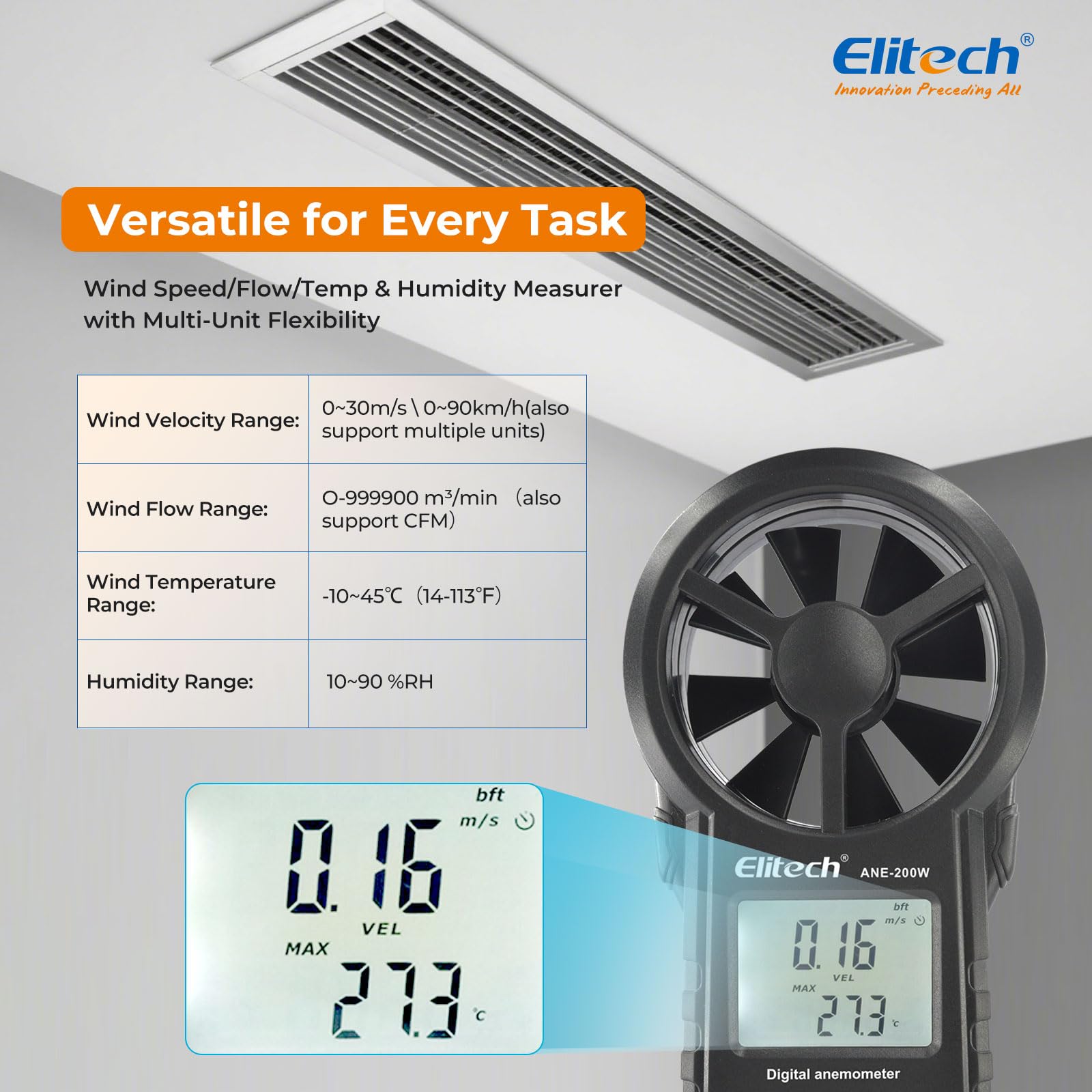 Elitech Wiatomierz Bluetooth, cyfrowy anemometr, pomiar prędkości wiatru, eksport danych USB, pomiar przepływu powietrza CFM/CMM do kontroli HVAC i ochrony środowiska ANE-200 W