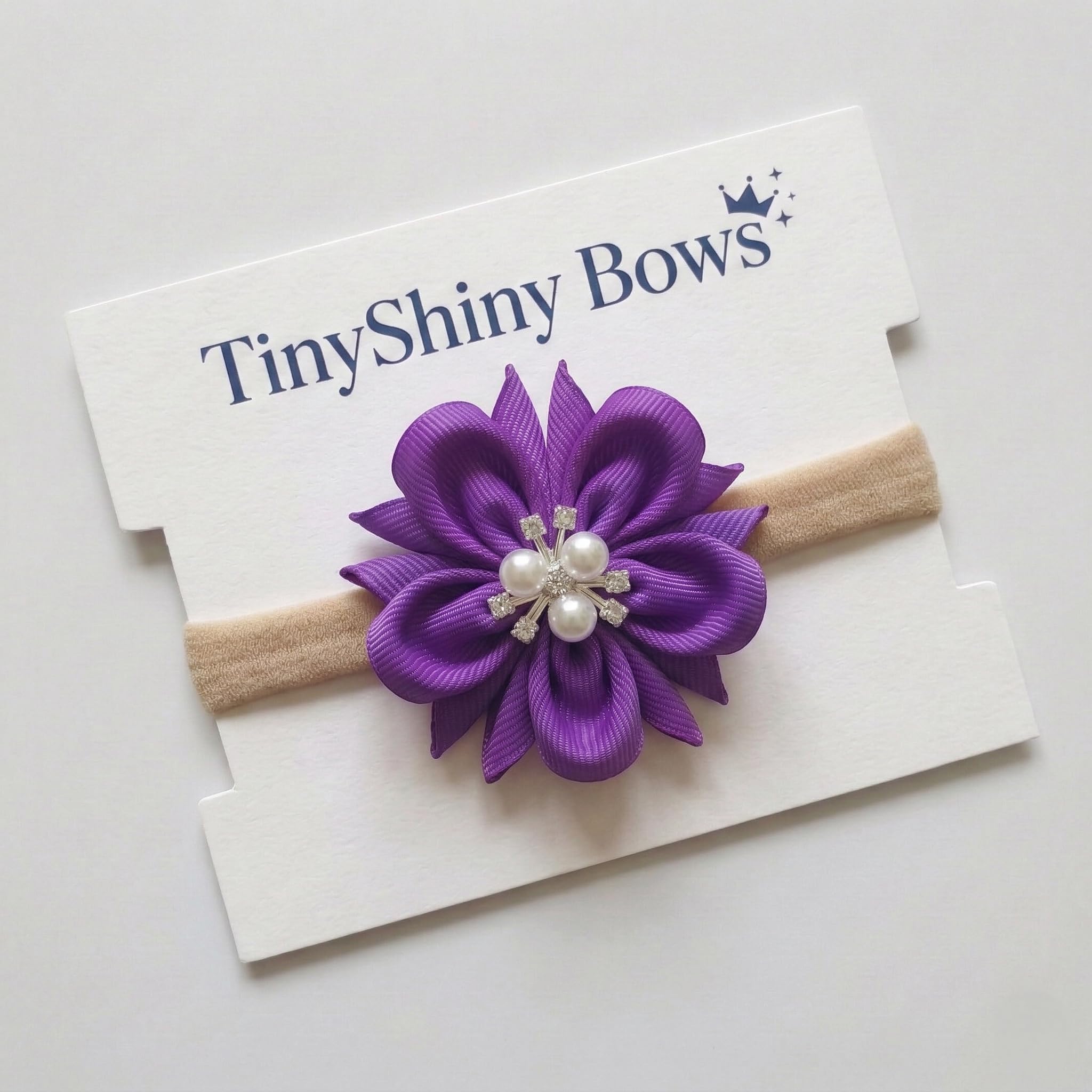 Handmade Baby Headband Bow – Soft Nylon Hairband with Pearl Flower | 30+ Colors | TinyShiny Bows (Purple)-picture-11