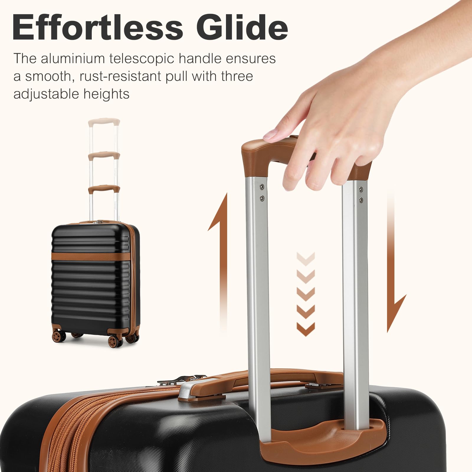 Kono Juego de Maletas de 3 Piezas Maleta de Mano ABS + PC rígida con Cerradura TSA y 4 Ruedas giratorias, 20 Inch Luggage Set, Maleta de Mano rígida Ligera para Cabina de Viaje（Negro/Marrón）