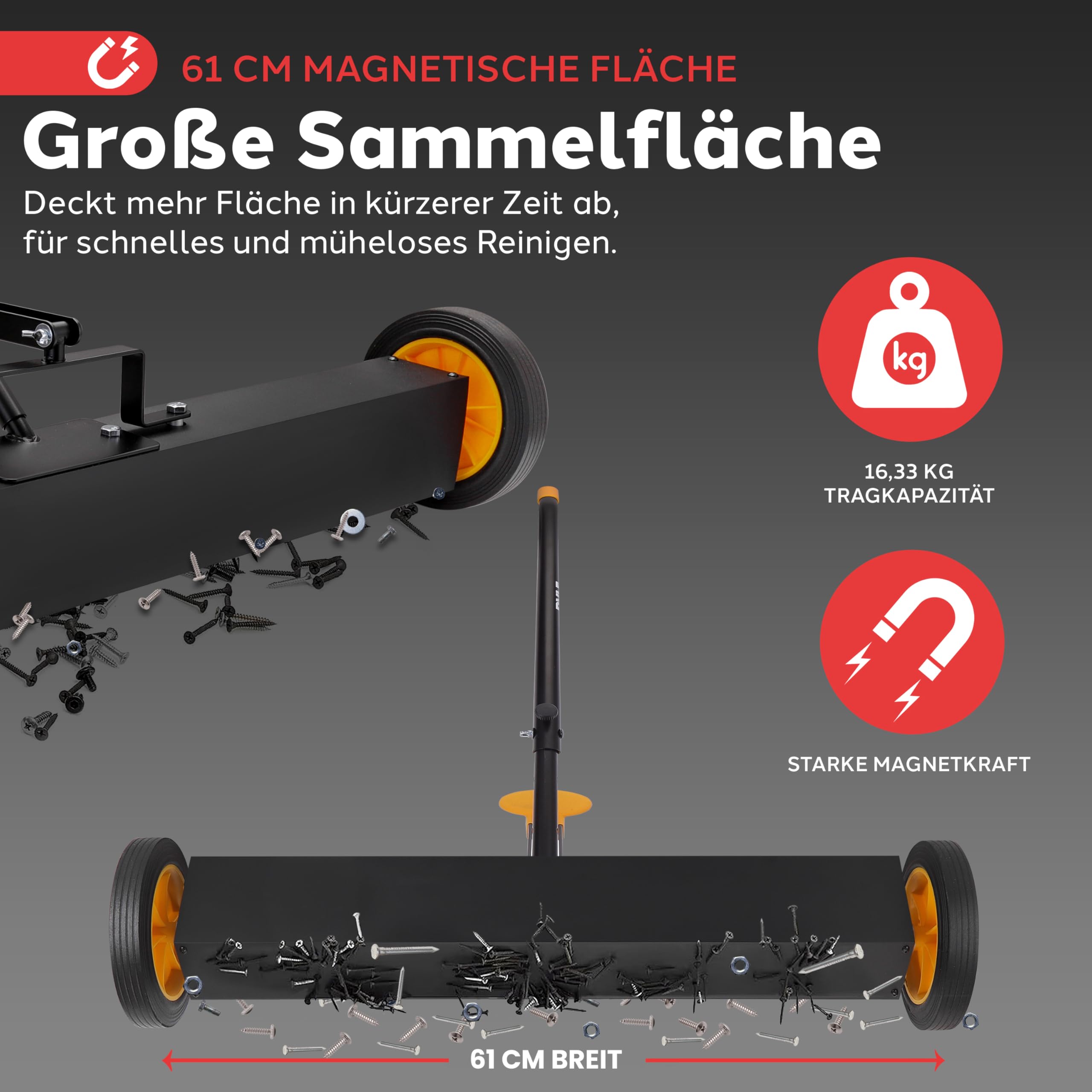 Pyle Magnetbesen, Spänesammler 61cm, Magnetic Sweeper, Magnetische Kehrmaschine mit starke & Langlebige Metallkontsruktion, Robuste Reinigung, für Industrielle & Gewerbliche Nutzung