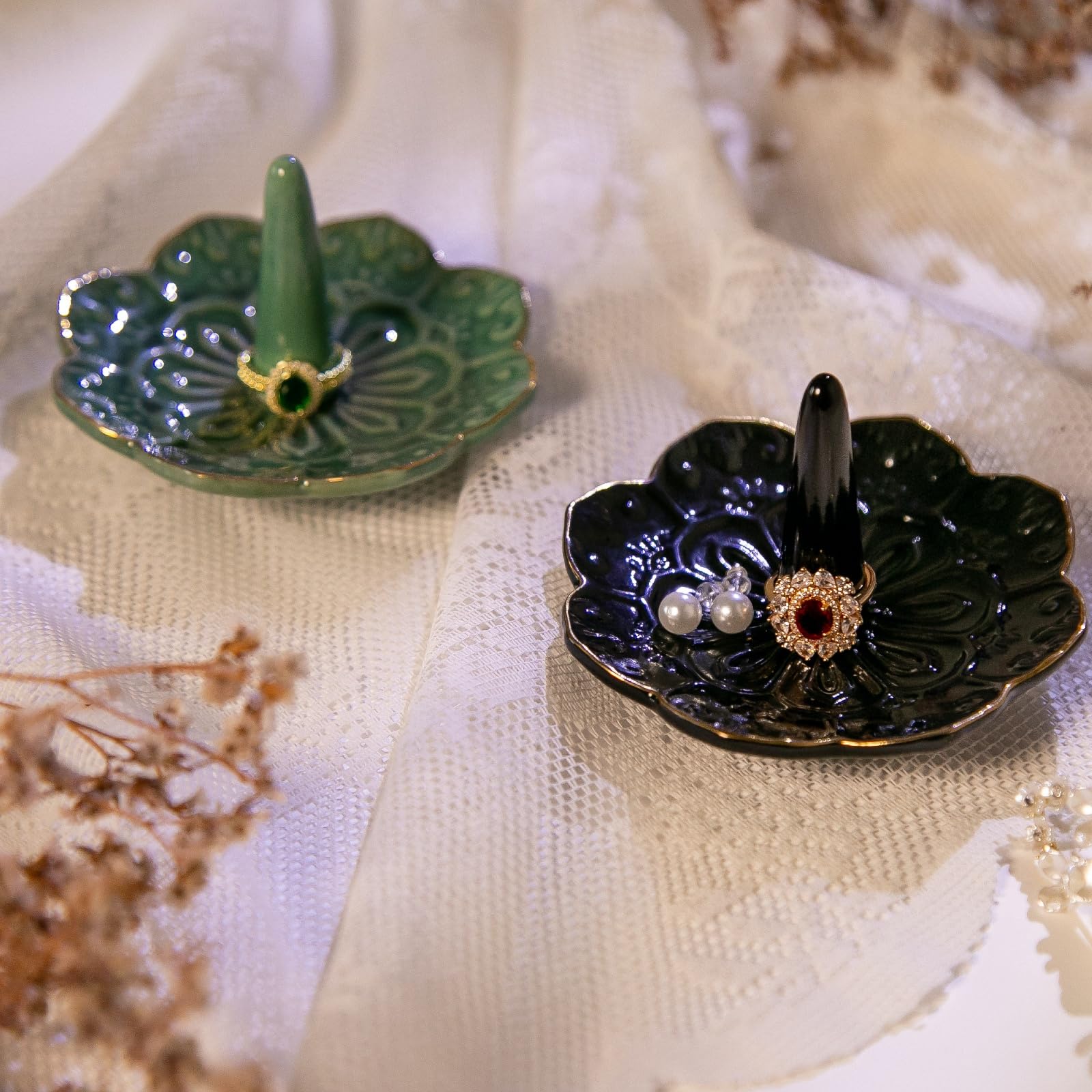 HOMEGOAL Ceramic Ring Holder Dish for Jewelry, Decorative Mandala Jewelry Tray for Rings Earrings Necklaces Watch Keys, Aesthetic Room Decor, Birthday Engagement Wedding Gifts for Women (): Black