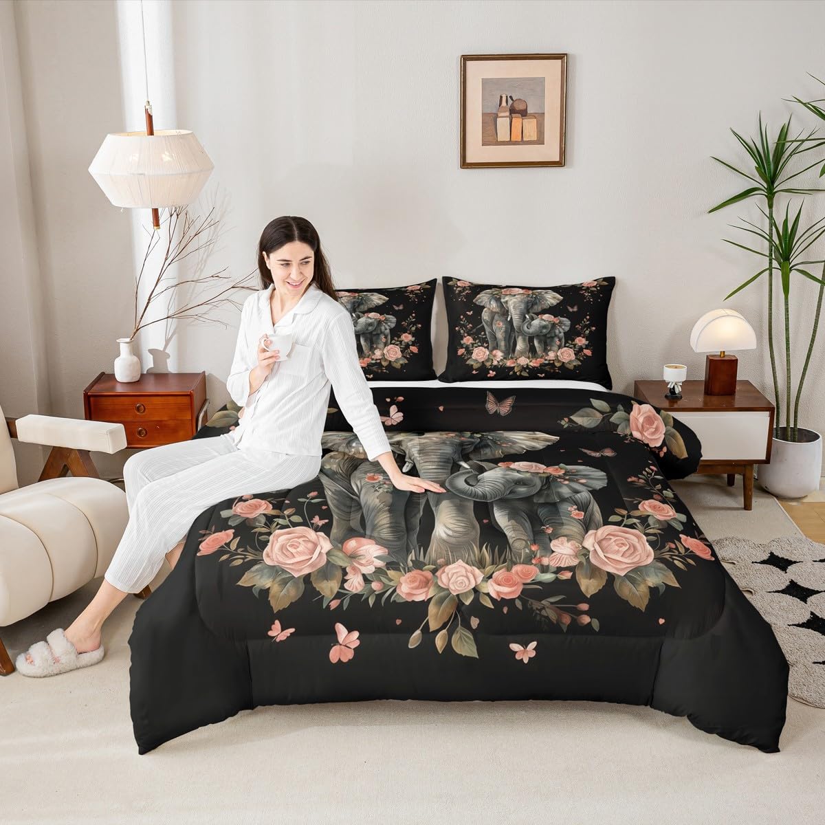Parure de lit douce animaux sauvages motif éléphant avec couette matelassée