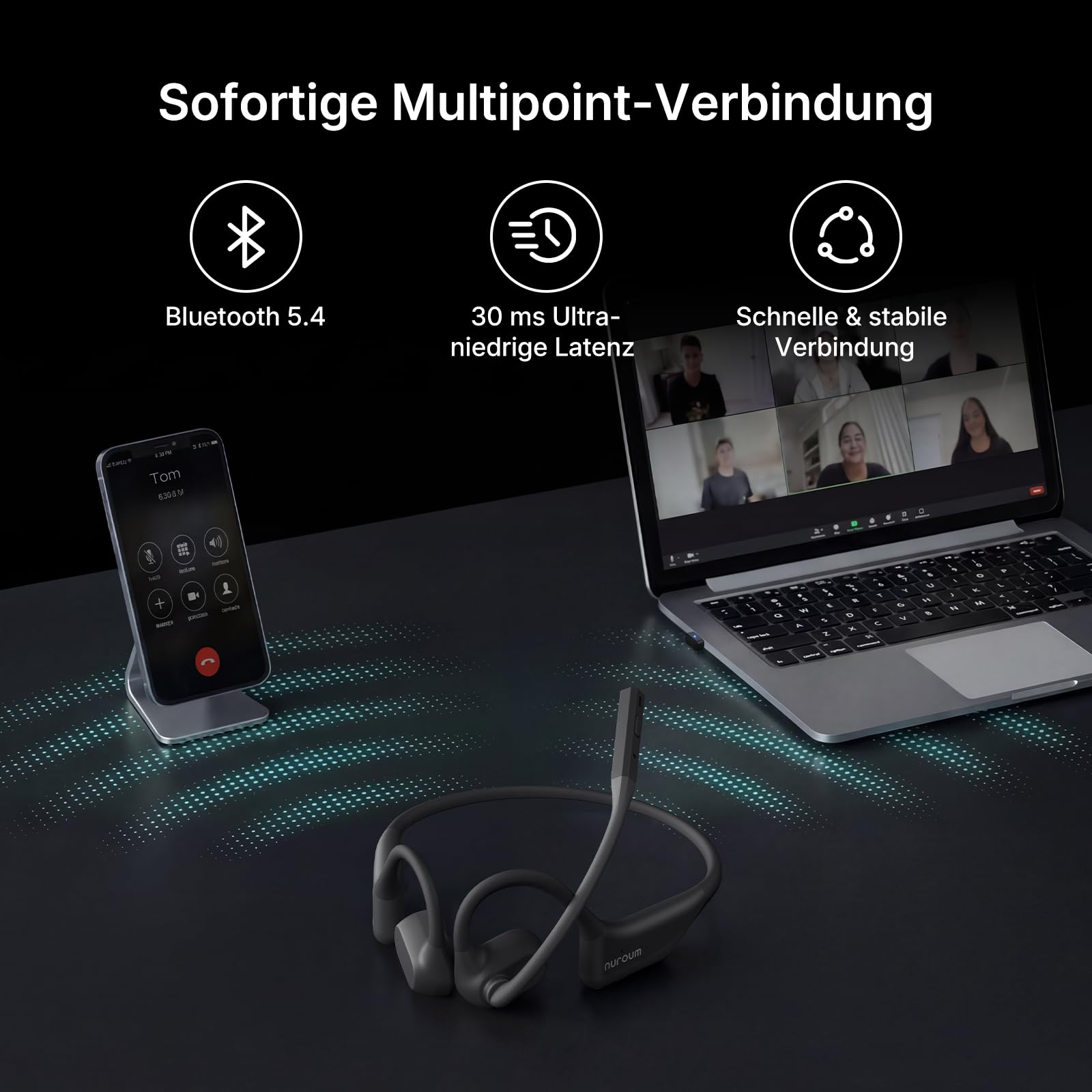 Nuroum OpenEar Pro 2 Kopfhörer Bluetooth 5.4 mit Mikrofon und Geräuschunterdrückung, Dual-Verbindung Wireless Headsets mit Dongle, Kabellose Headphones für Büro/Arbeit/Meeting, 12 Std Gesprächszeit