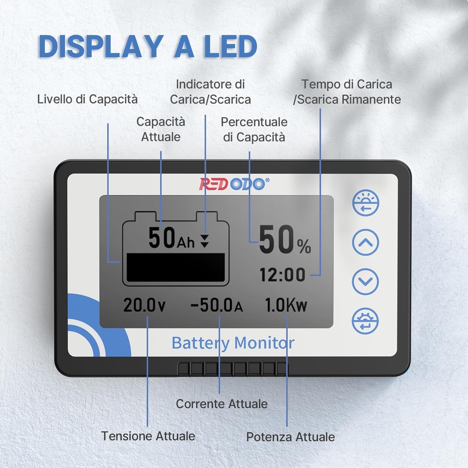 Redodo 500A Batteria Monitor con Shunt, Misuratore di Tensione della Batteria con Intervallo 8V~120V, Cavo Schermato da 20 Piedi, Compatibile con Batterie al Gel, al Piombo e LiFePO4