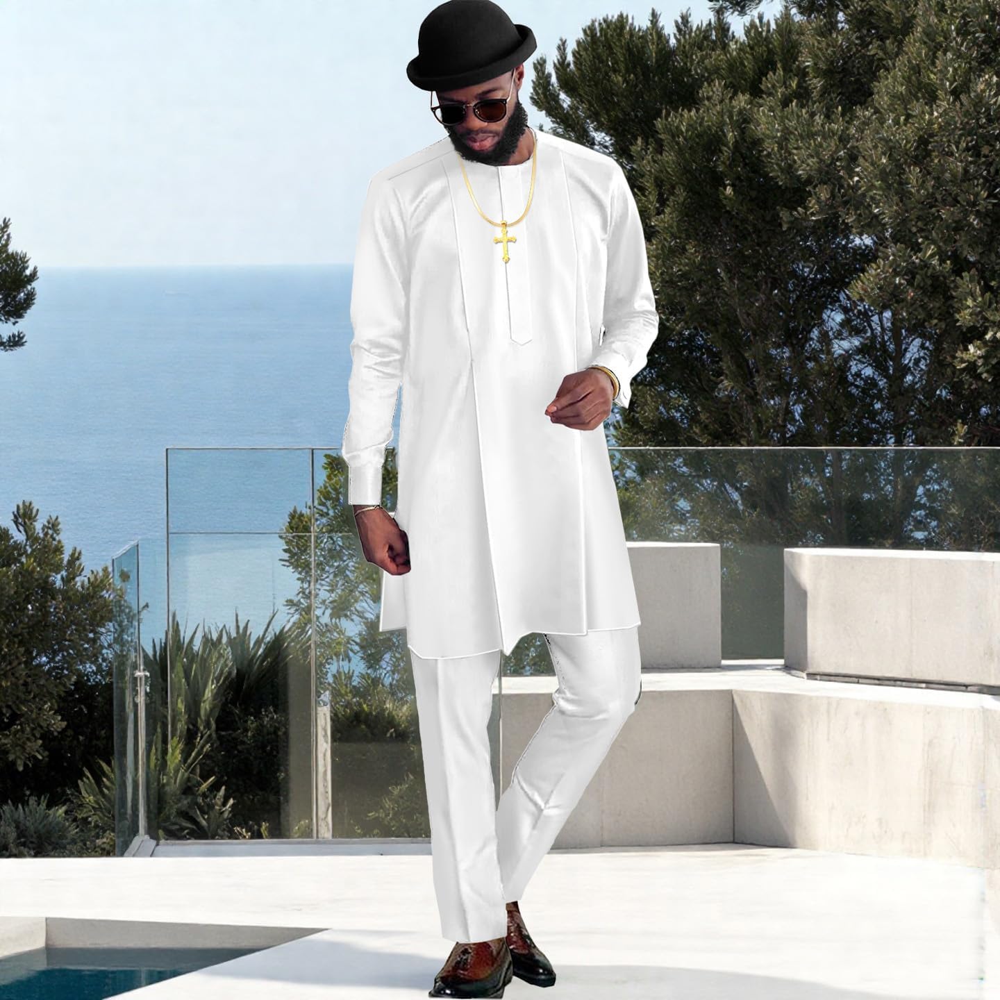 SEA&ALP Men's African Suit Dashiki Traditional Top Shirt Pants 2-Piece Set Outfits Nigerian Casual Clothing Attire
