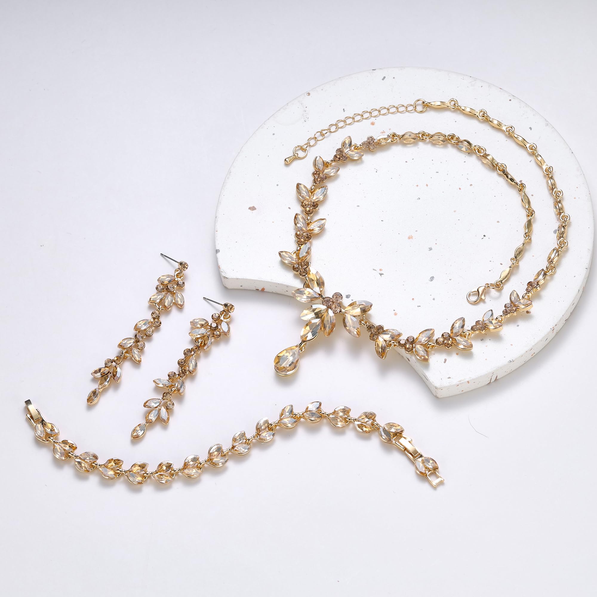 EVER FAITH Marquise Cristalli Party Set Gioielli per la Sposa, Splendido Foglia Strass Collana Orecchini pendenti Tennis Bracciale Marrone Oro-fondo