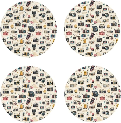 Retro Camera Print Coasters Set of 4, Drink Coasters for Tabletop Protection Suitable for Kinds of Cups, Funny Cup Coaster for Coffee Table Living