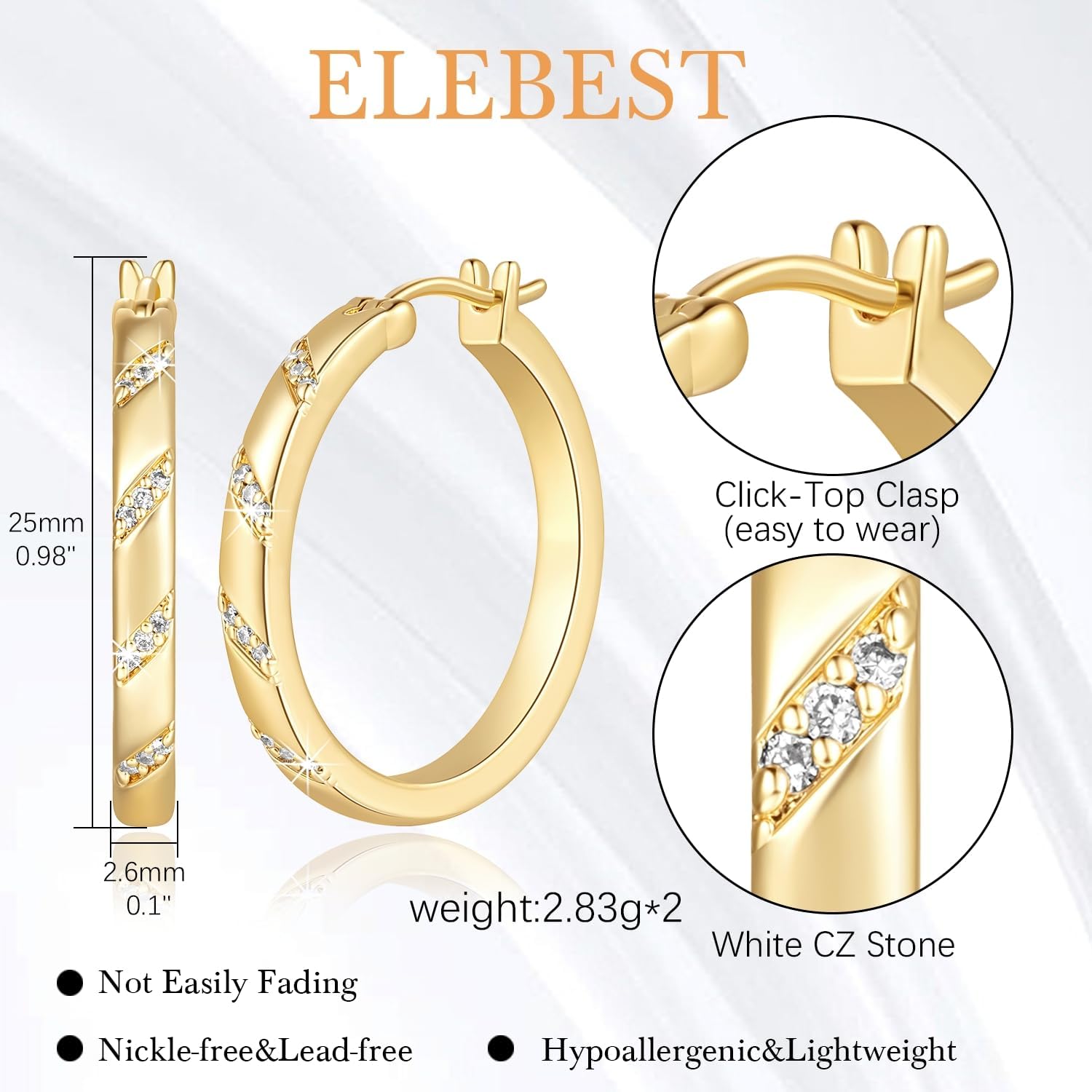 ELEBEST Gold Hoop Earrings for Women 14K Gold Earrings for Women Cubic Zirconia Earrings Hoops Subtle and Delicate with Cubic Zirconia Hoop Earring for Womens 20/25mm - Image 2