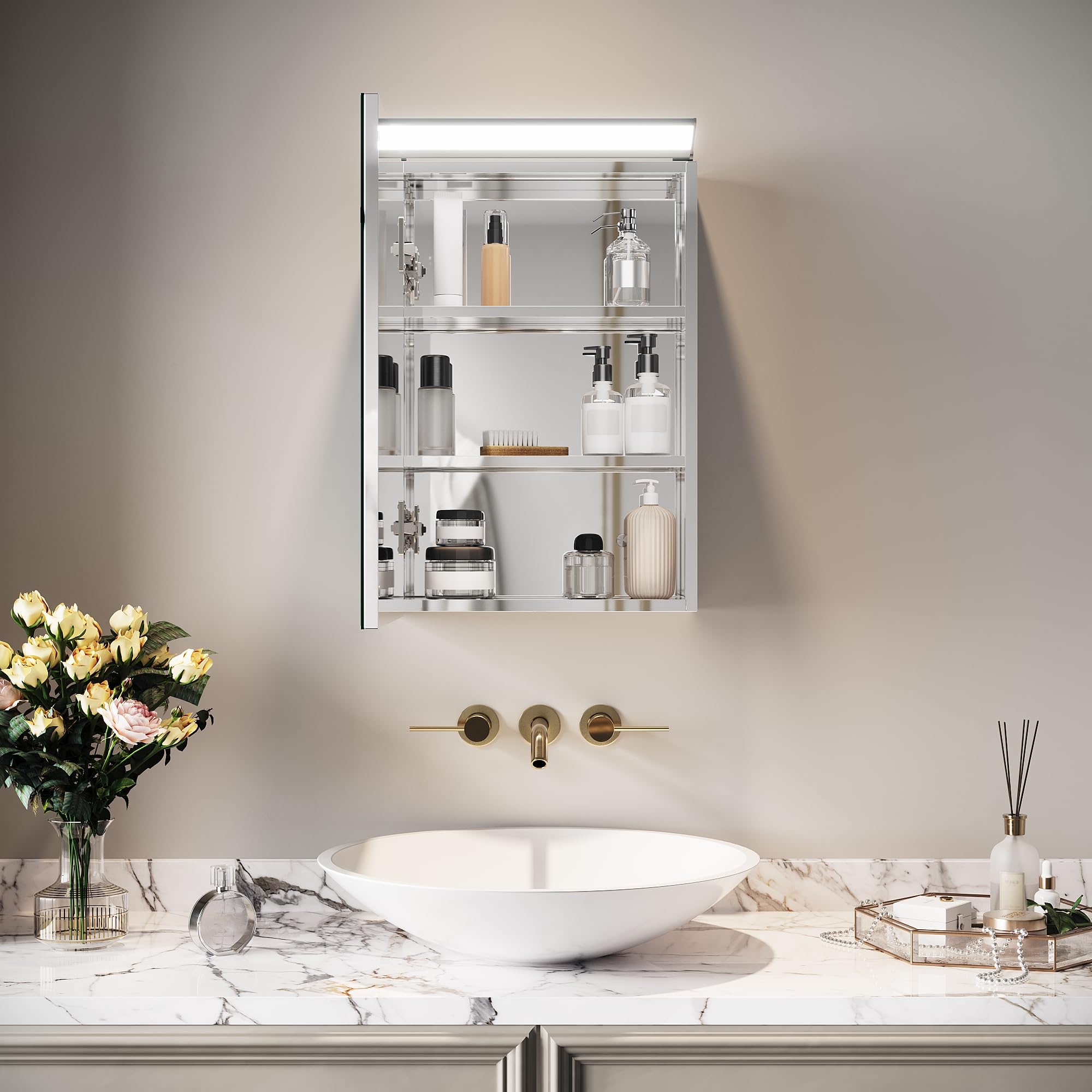 SIRHONA Armoire Murale Salle de Bain avec Éclairage LED, 36x52cm, Guide de lumière Acrylique, Armoire de Miroir de Salle de Bain en Acier Inoxydable, Armoire de Toilette, Blanc argenté