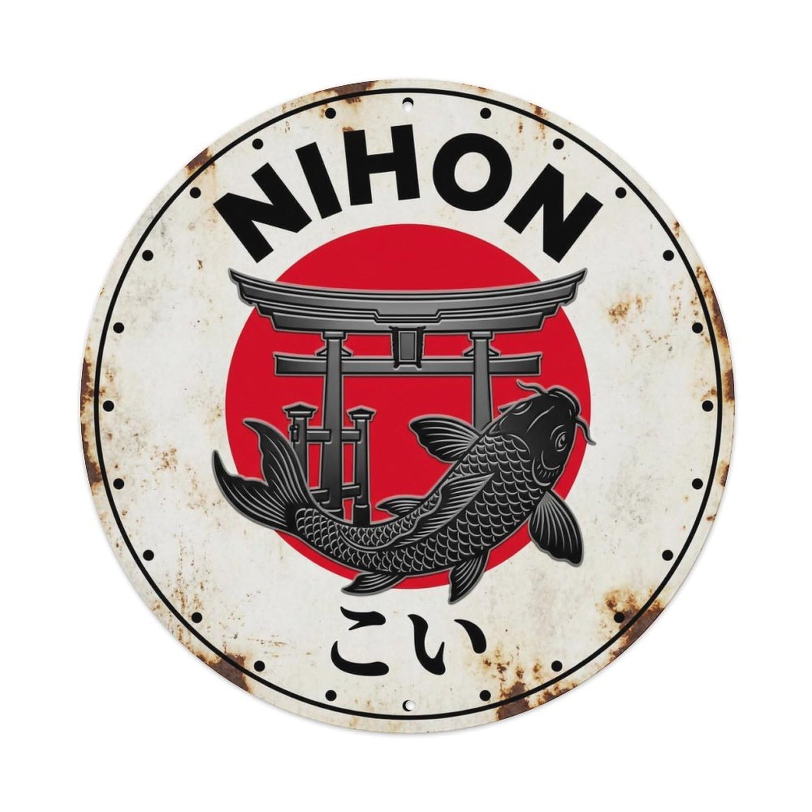 Yrnq 8X8inch Vintage Style Shrine Koi Nihon Sacred Fish Weathered Metal Tin Sign