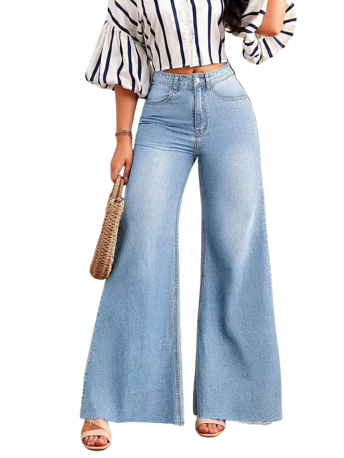 Bell Bottom Jeans for Women High Waist Stretchable Flared Denim | Wide Leg Raw Hem Cotton Spandex Bottom Wear (WJ-2704-$)-picture-38