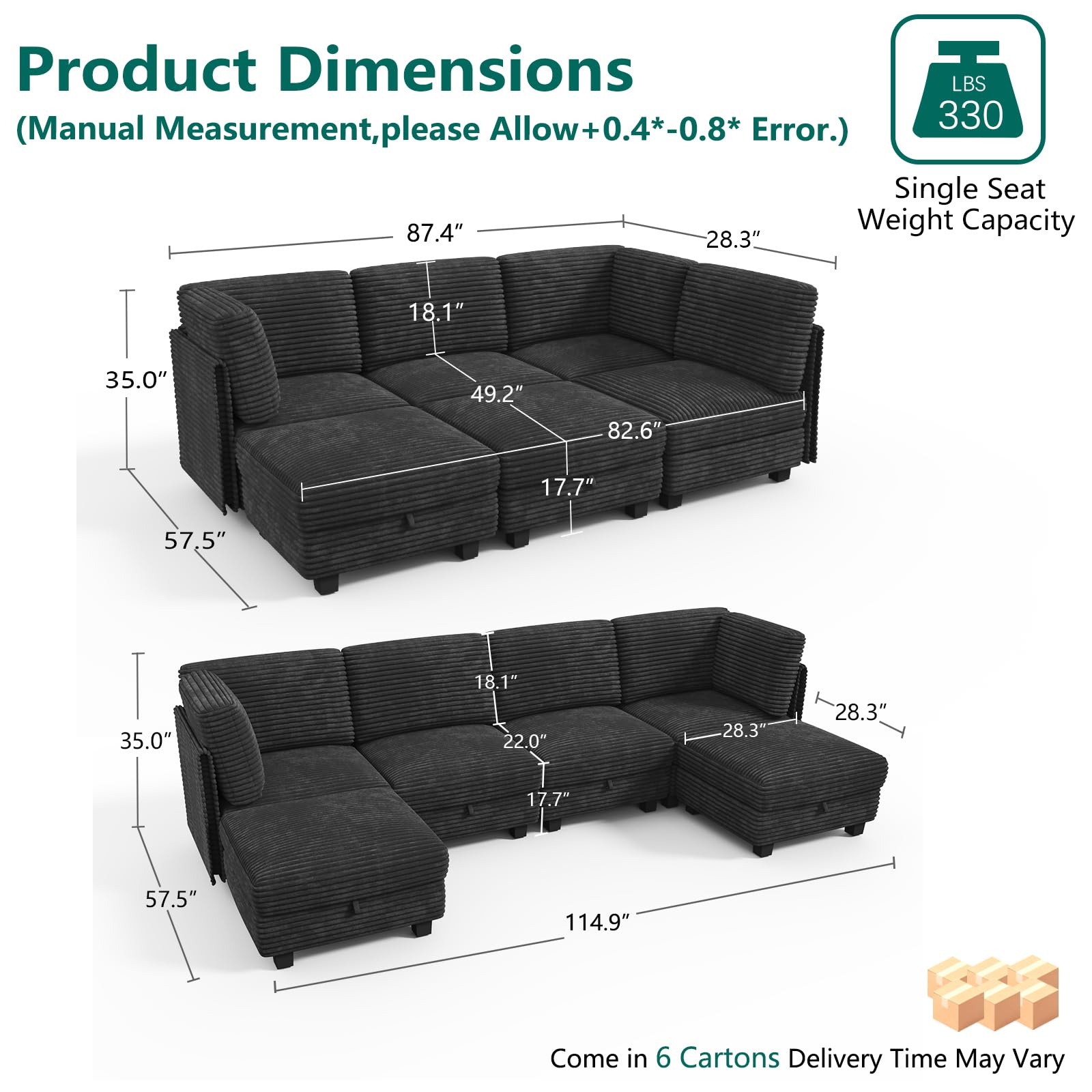 Modular Sectional Cloud Couch, Convertible Sleeper Sofa Bed for Living Room | Flexible L/U-Shaped Design, Freely Adjustable Backrest, Comfortable Foam Cushions, Sturdy Frame, Easy to Assemble, Black