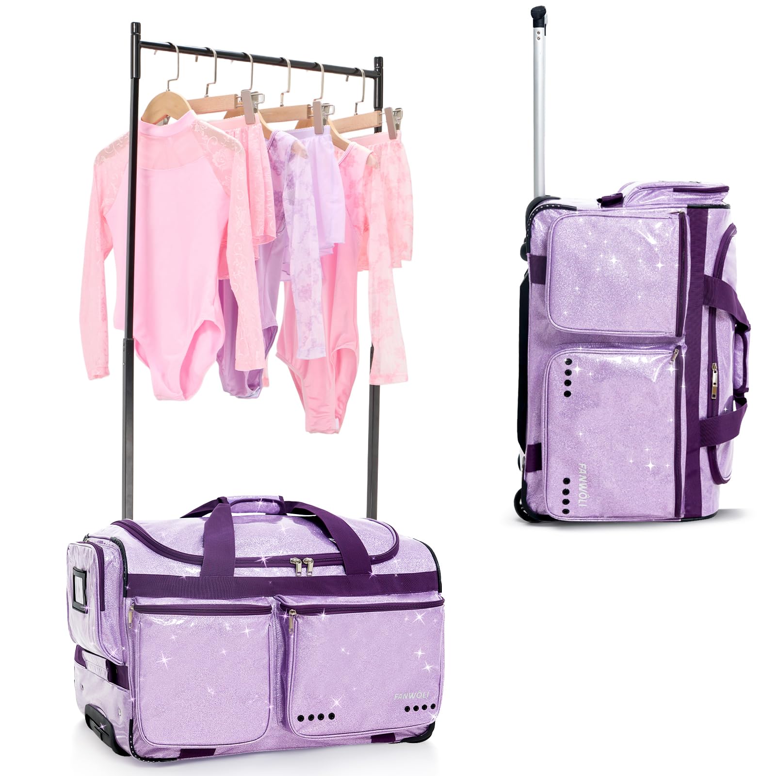 Fanwoli Tanztasche mit Kleiderständer, 58,4 cm, glitzernder, wasserdichter Stoff und verbessertes stabiles System, Shine-Bright Kollektion, ideale Wettkampftasche für Tänzer, Athleten, Cheerleader