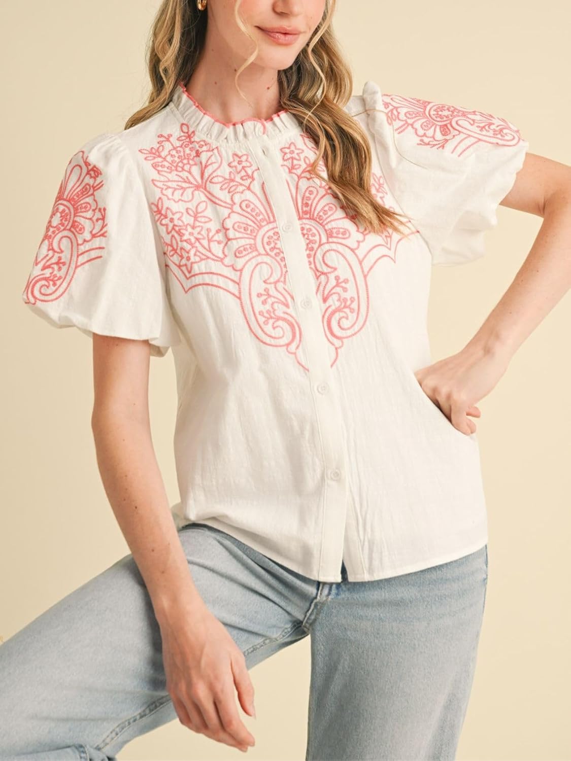 Womens Floral Embroidered Button Down Bubble Sleeve Top High Ruffled Neckline Blouses Shirts - Image 5